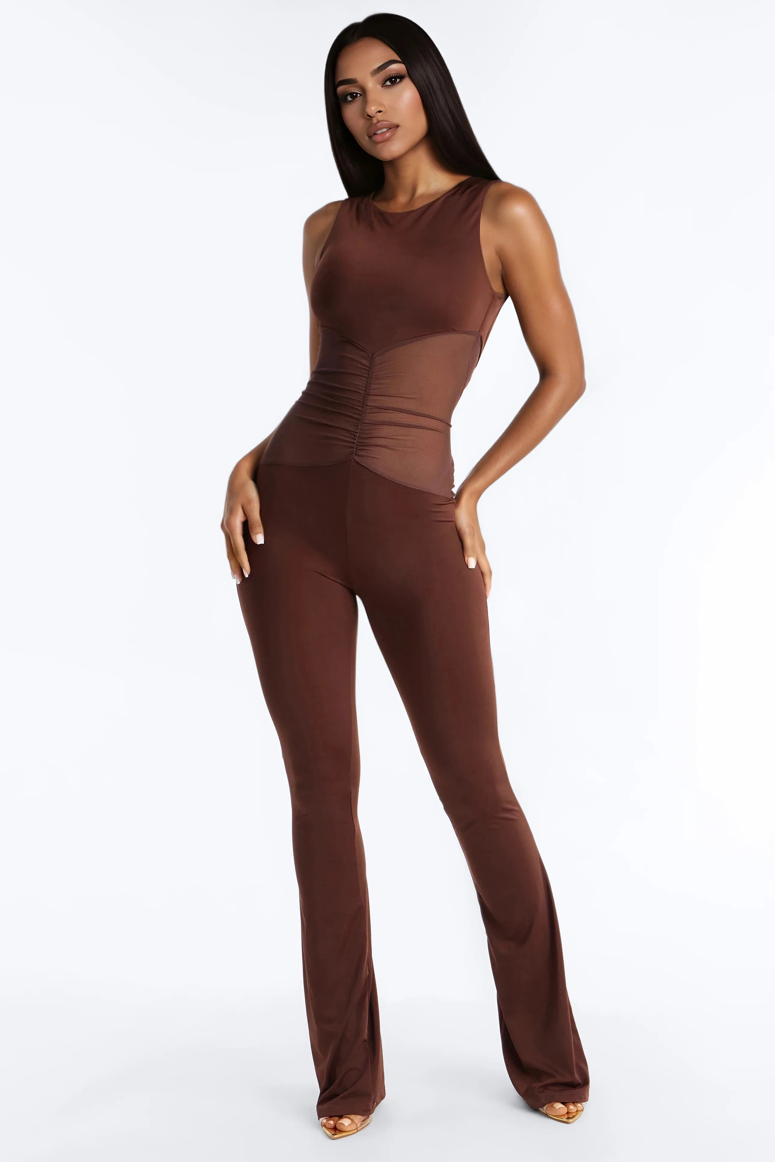 Rosina Ruched High Neck Flare Leg Jumpsuit - Chocolate