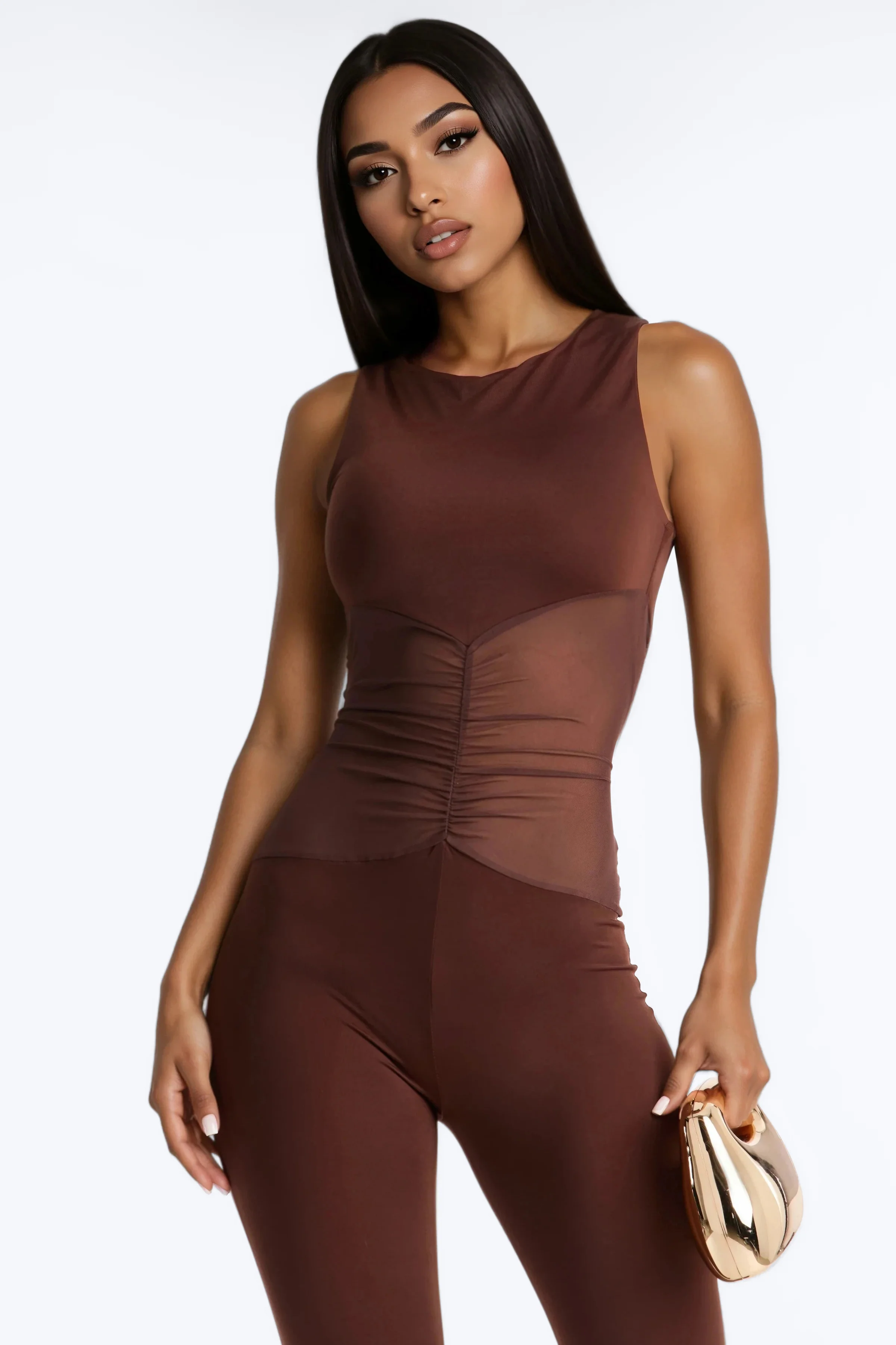 Rosina Ruched High Neck Flare Leg Jumpsuit - Chocolate - Image 2