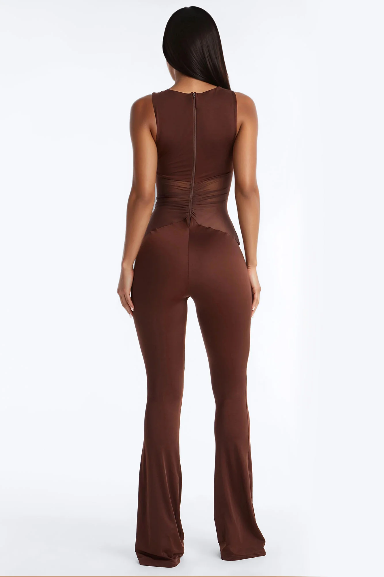 Rosina Ruched High Neck Flare Leg Jumpsuit - Chocolate - Image 4