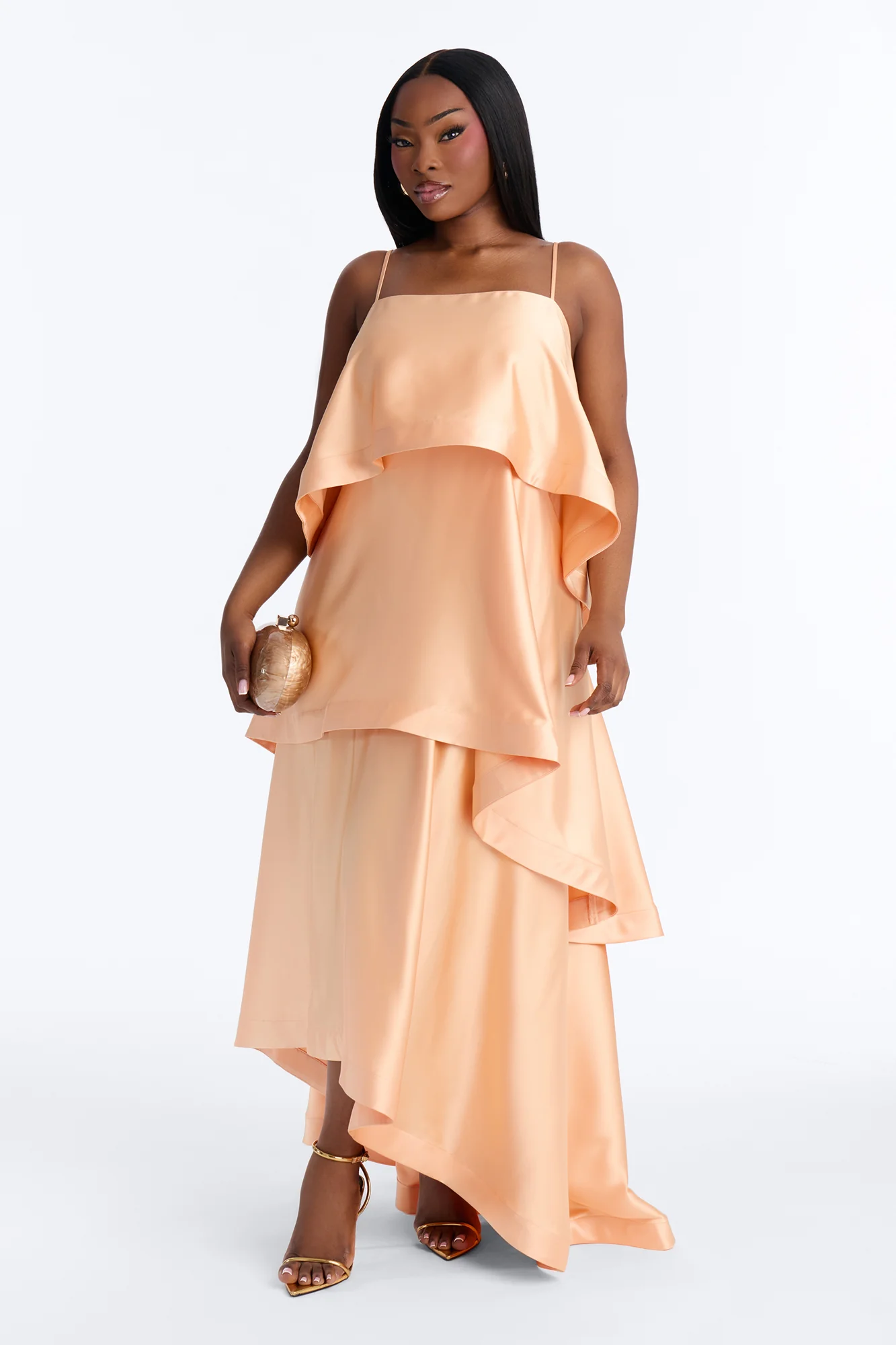 Rowen Tiered Satin Gown - Peach