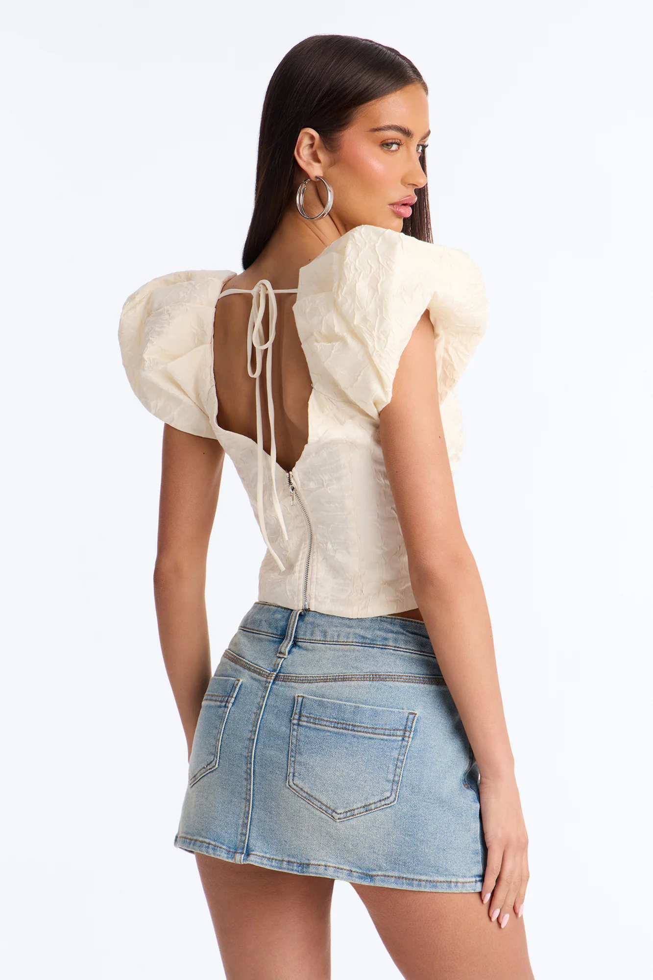 Royal Attitude Puff Sleeve Lace Up Top - Cream - Image 2