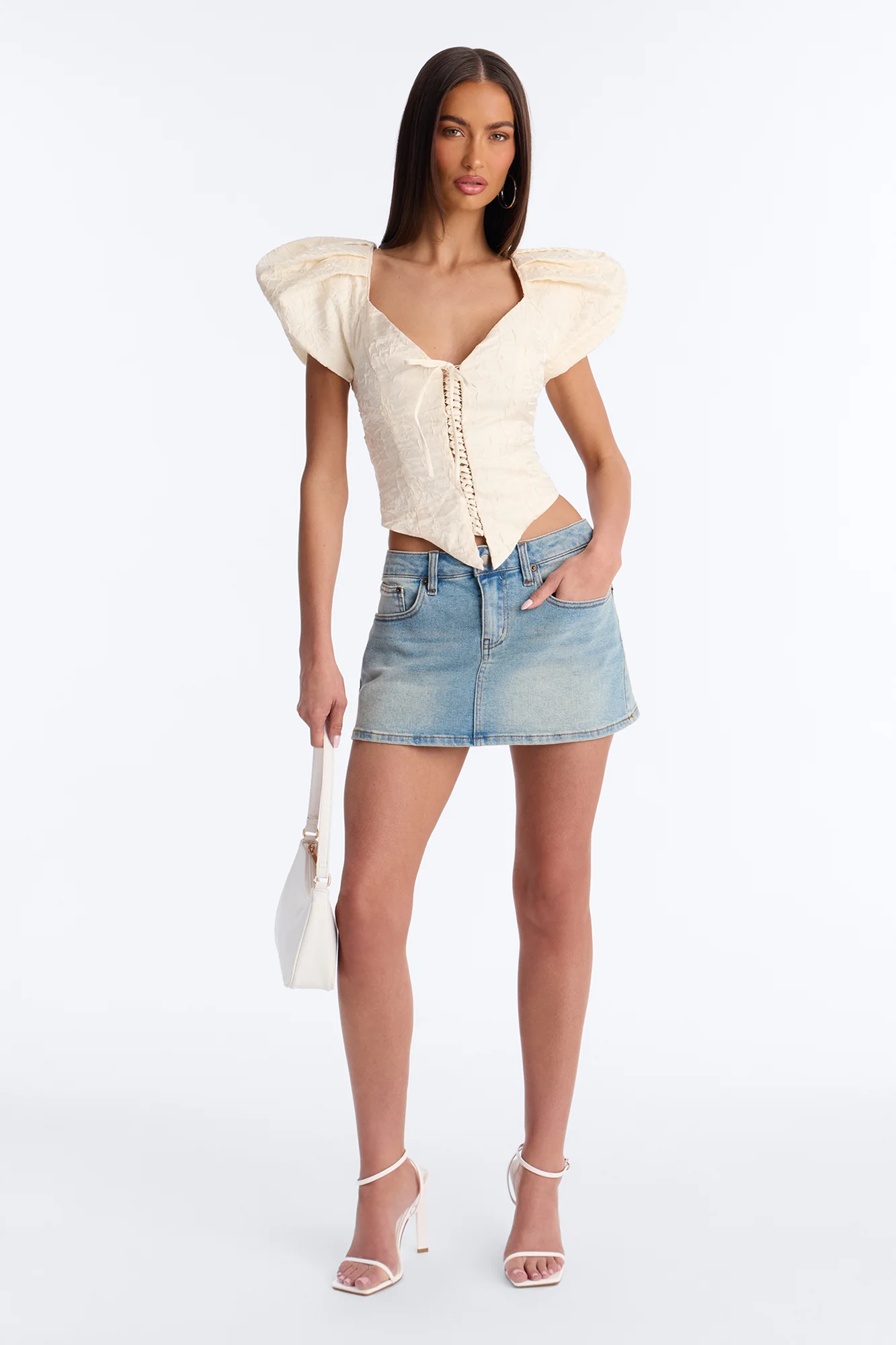 Royal Attitude Puff Sleeve Lace Up Top - Cream - Image 3