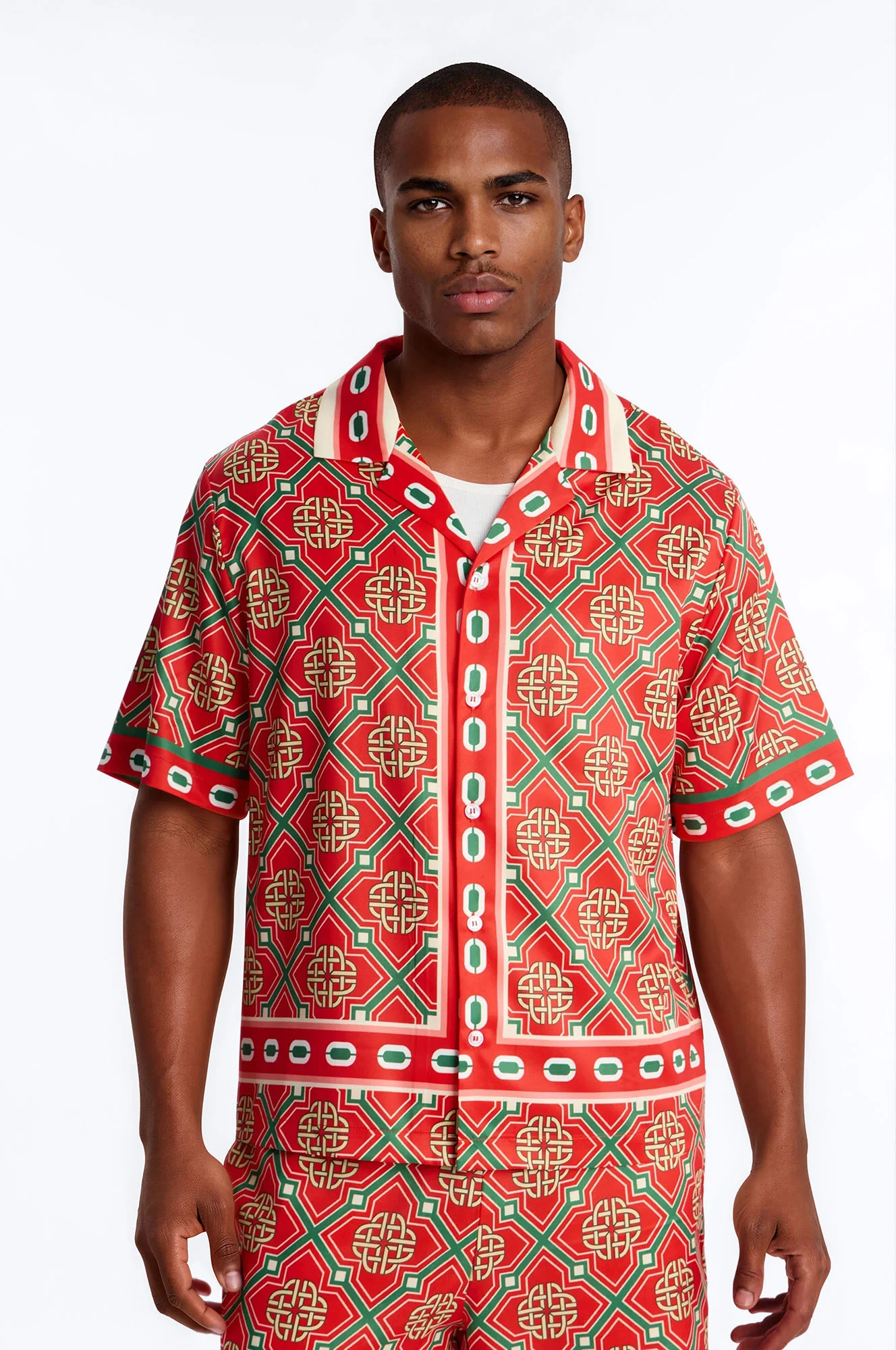 Royal Geometric Cuban Collar Button Up Shirt - Red/combo