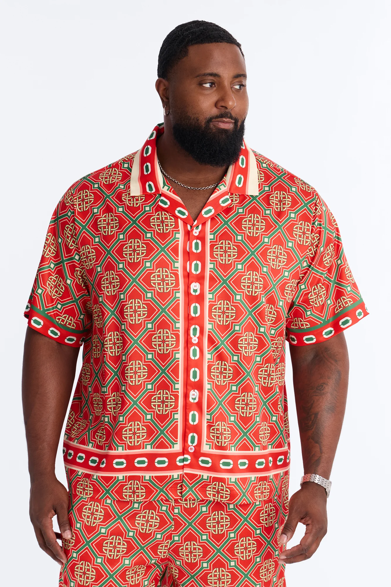 Royal Geometric Cuban Collar Button Up Shirt - Red/combo - Image 5