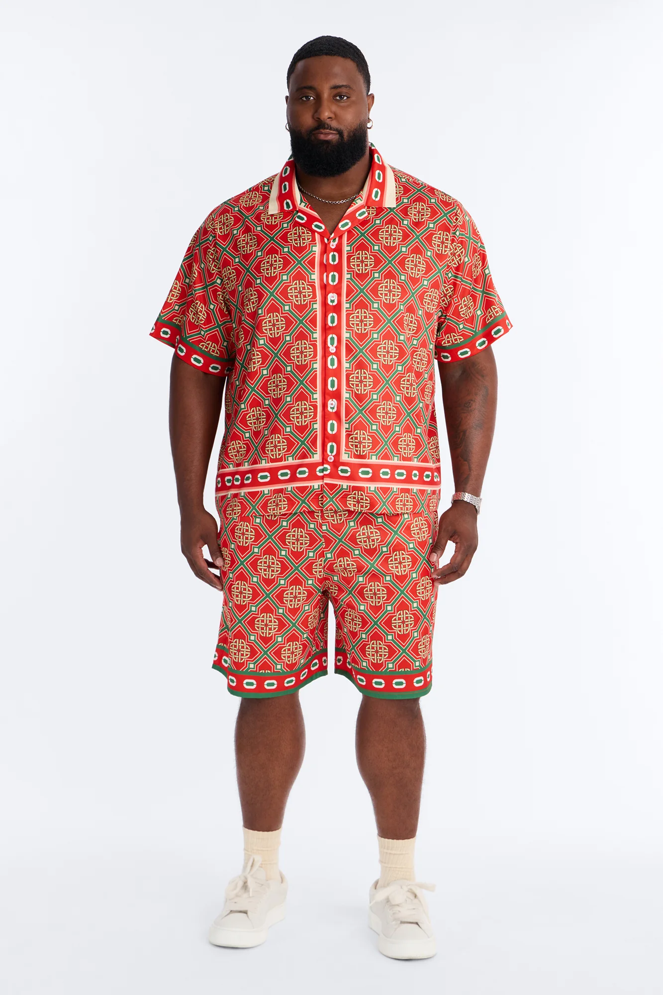 Royal Geometric Cuban Collar Button Up Shirt - Red/combo - Image 6