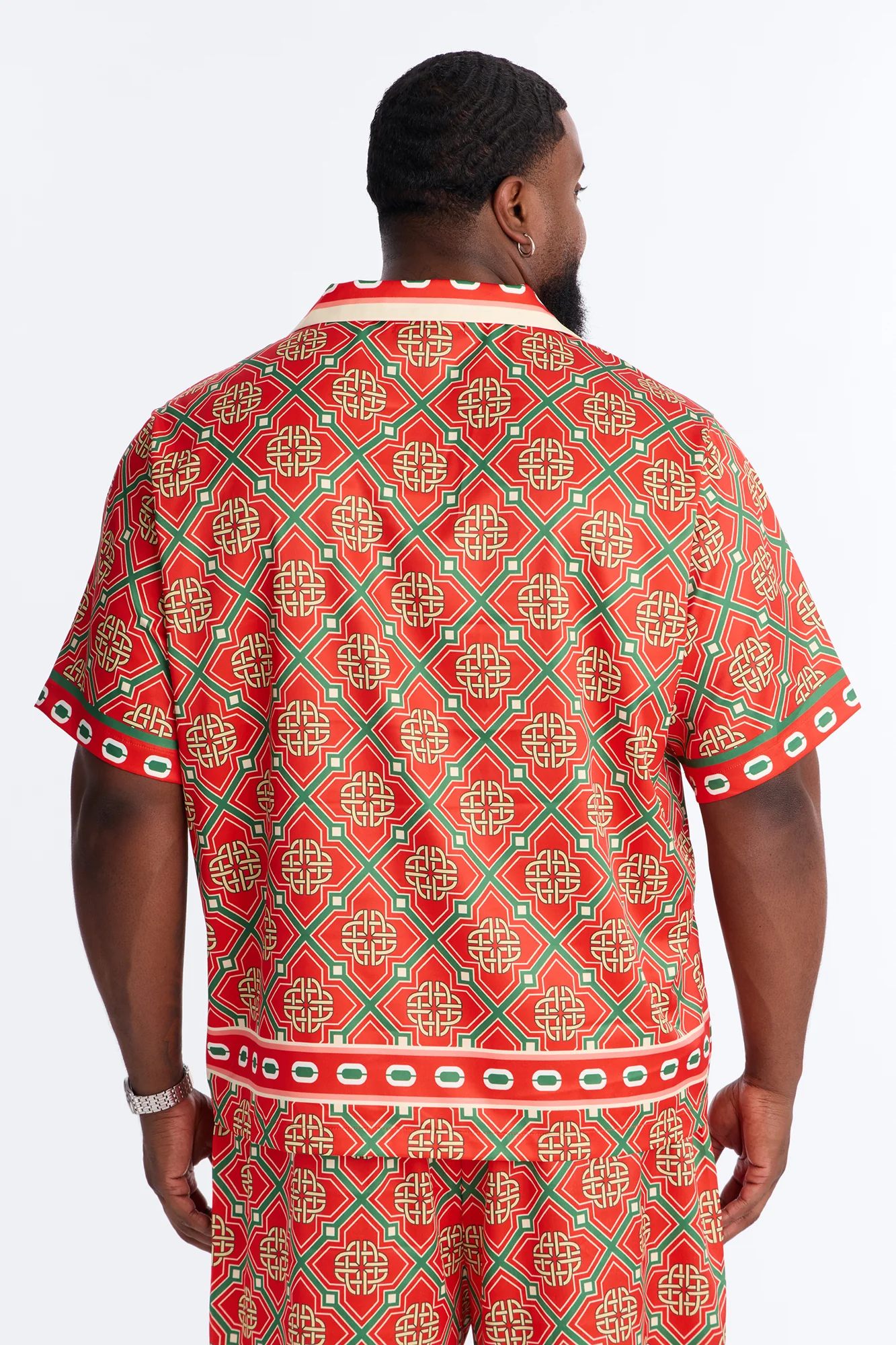 Royal Geometric Cuban Collar Button Up Shirt - Red/combo - Image 8