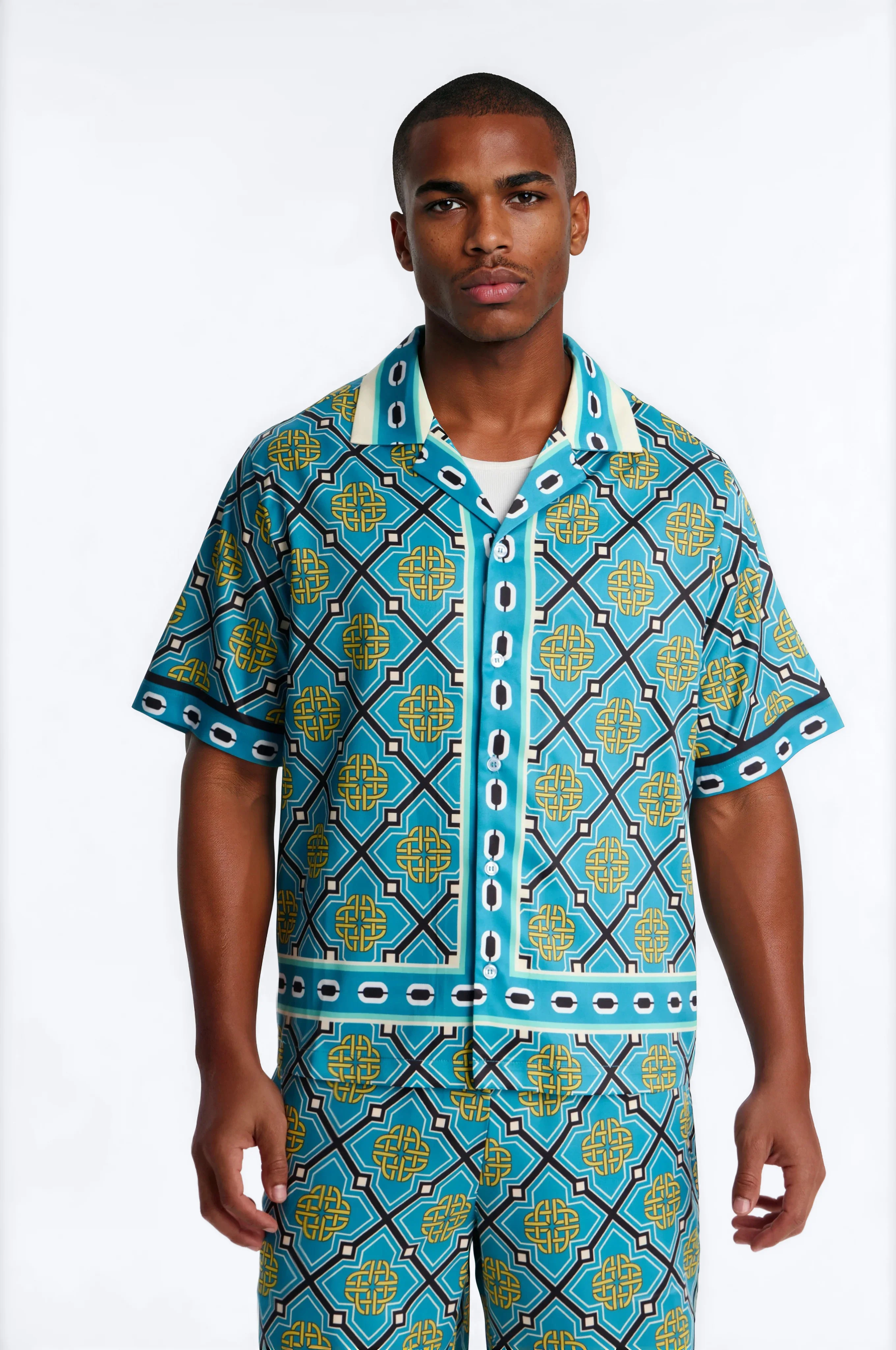 Royal Geometric Cuban Collar Button Up Shirt - Teal