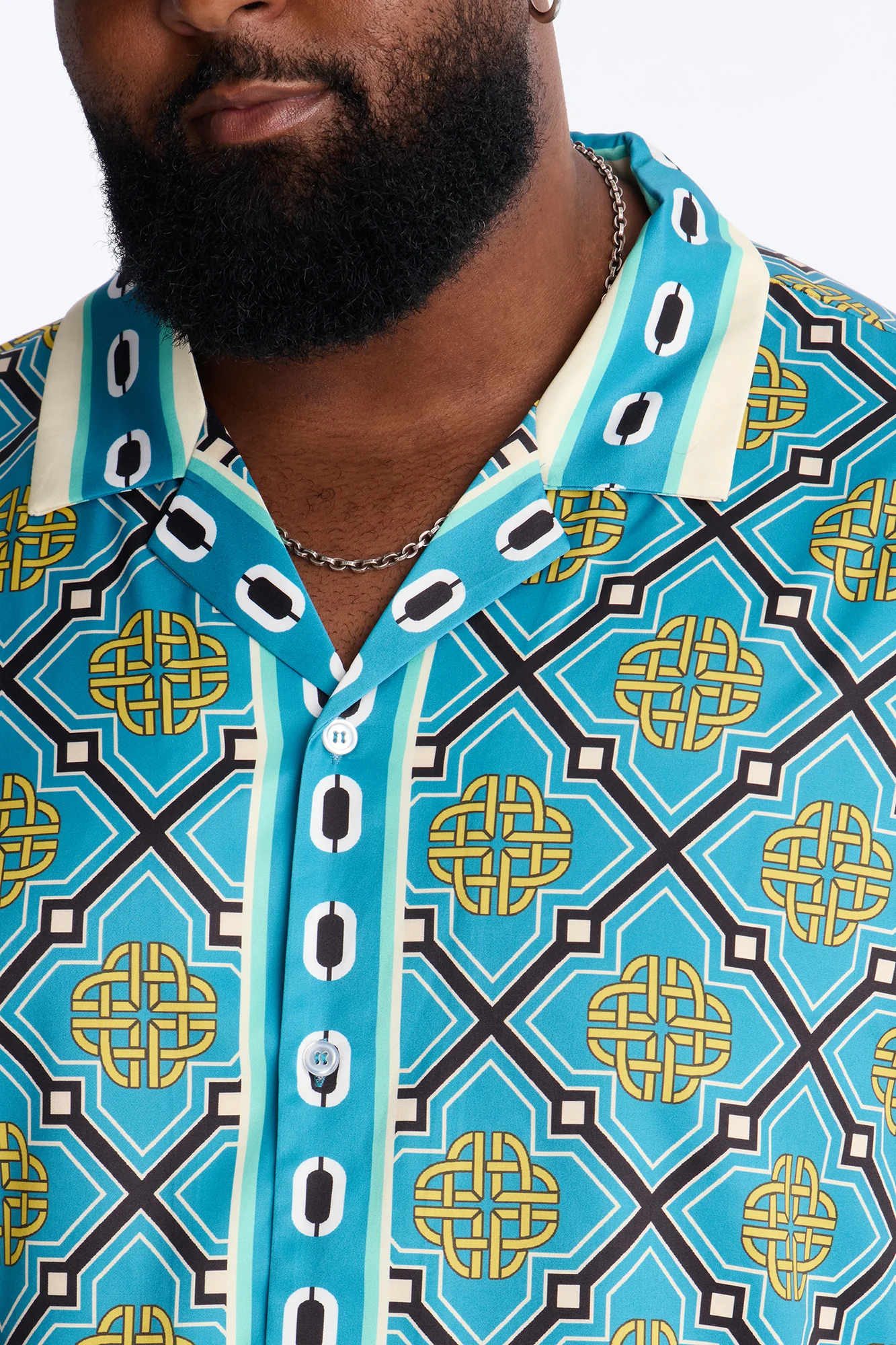 Royal Geometric Cuban Collar Button Up Shirt - Teal - Image 7