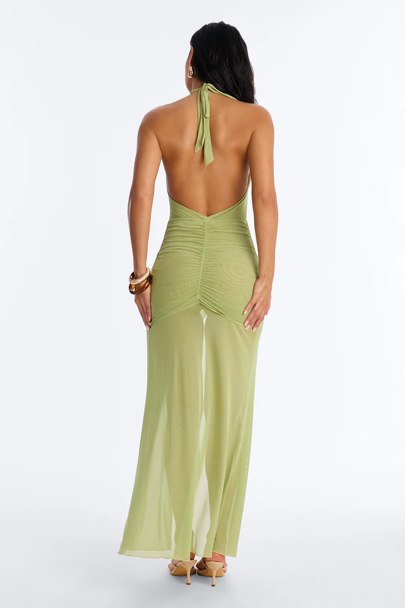 Ruby Sheer Ruched High Slit Swim Cover Up Dress - Green - Image 3