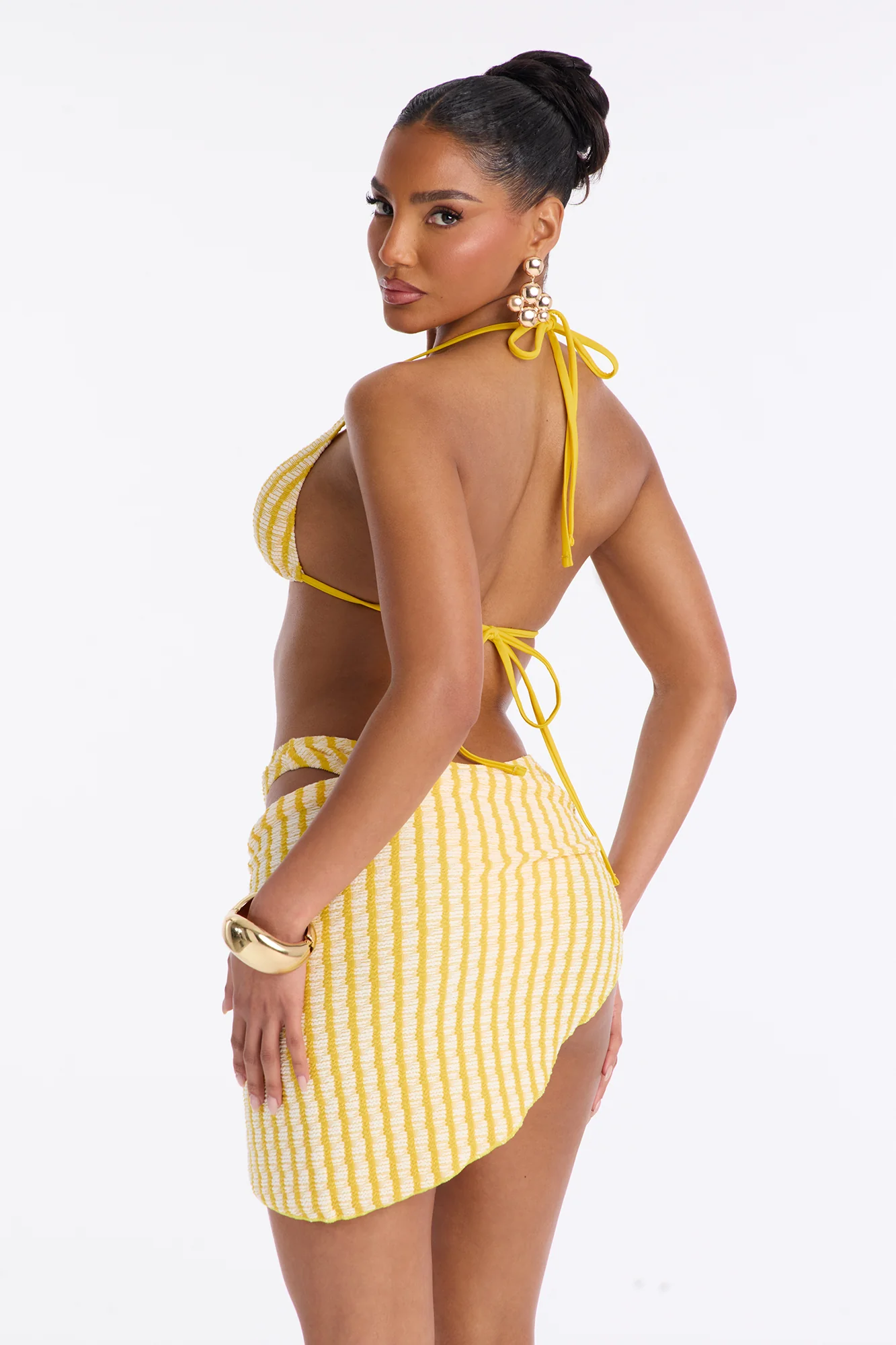 Ruby Textured Pinstripe O-Ring 3 Piece Bikini Sarong Set - Yellow/combo - Image 5