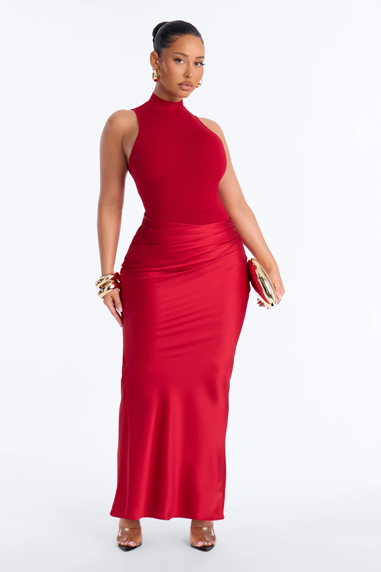 Rue Satin Maxi Skirt Set - Red