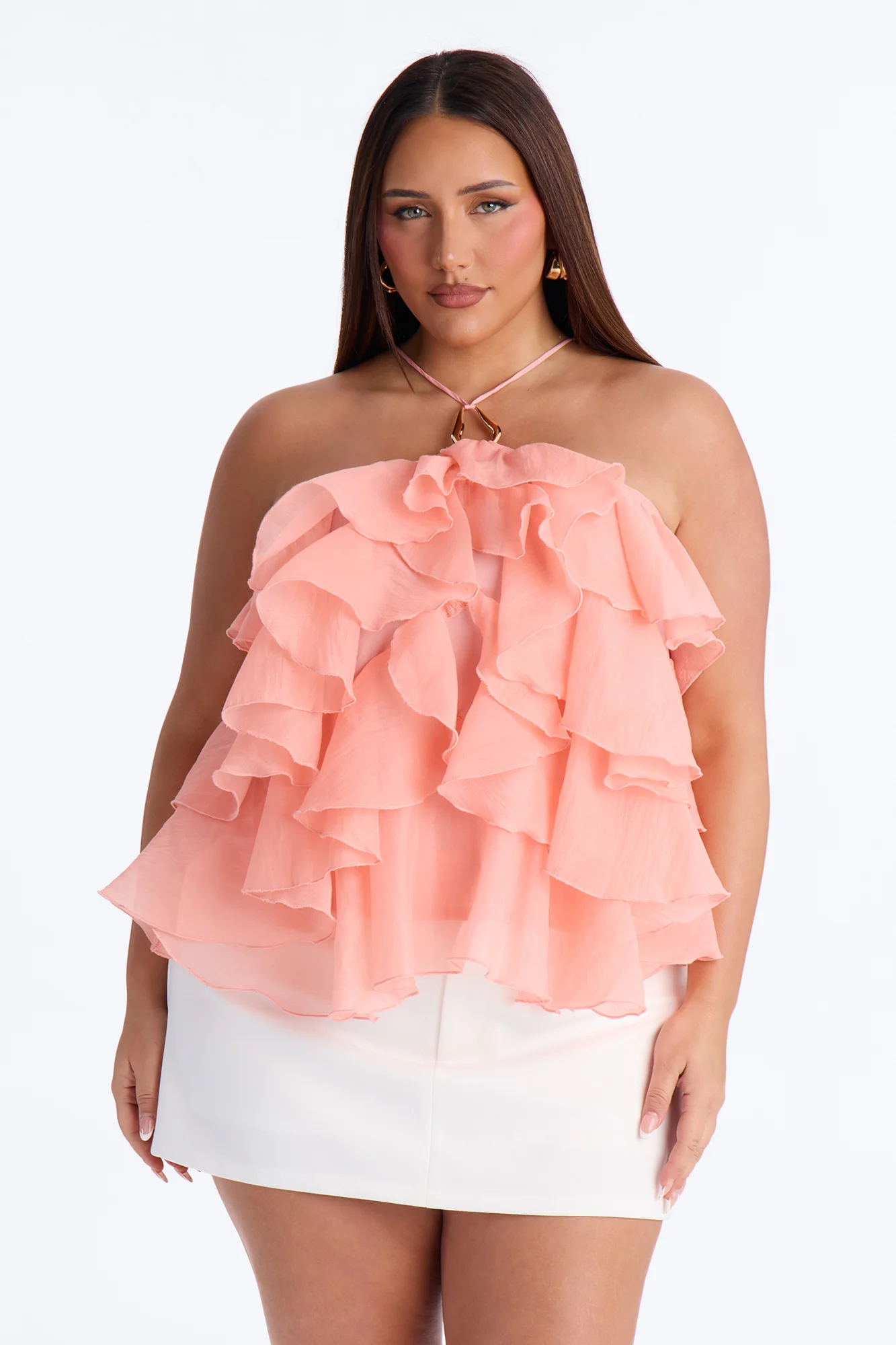 Ruffle Cutie Hardware Organza Halter Top - Peach - Image 5