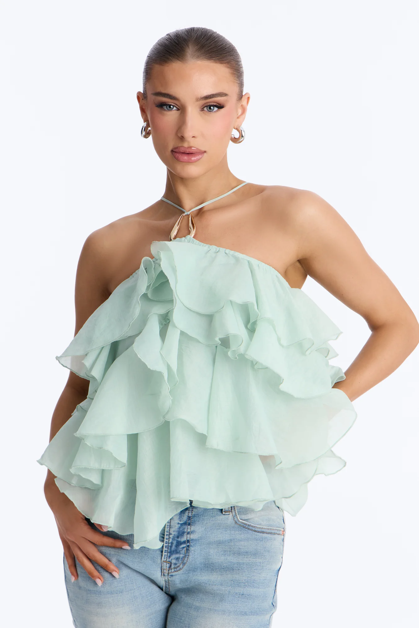 Ruffle Cutie Hardware Organza Halter Top - Sage