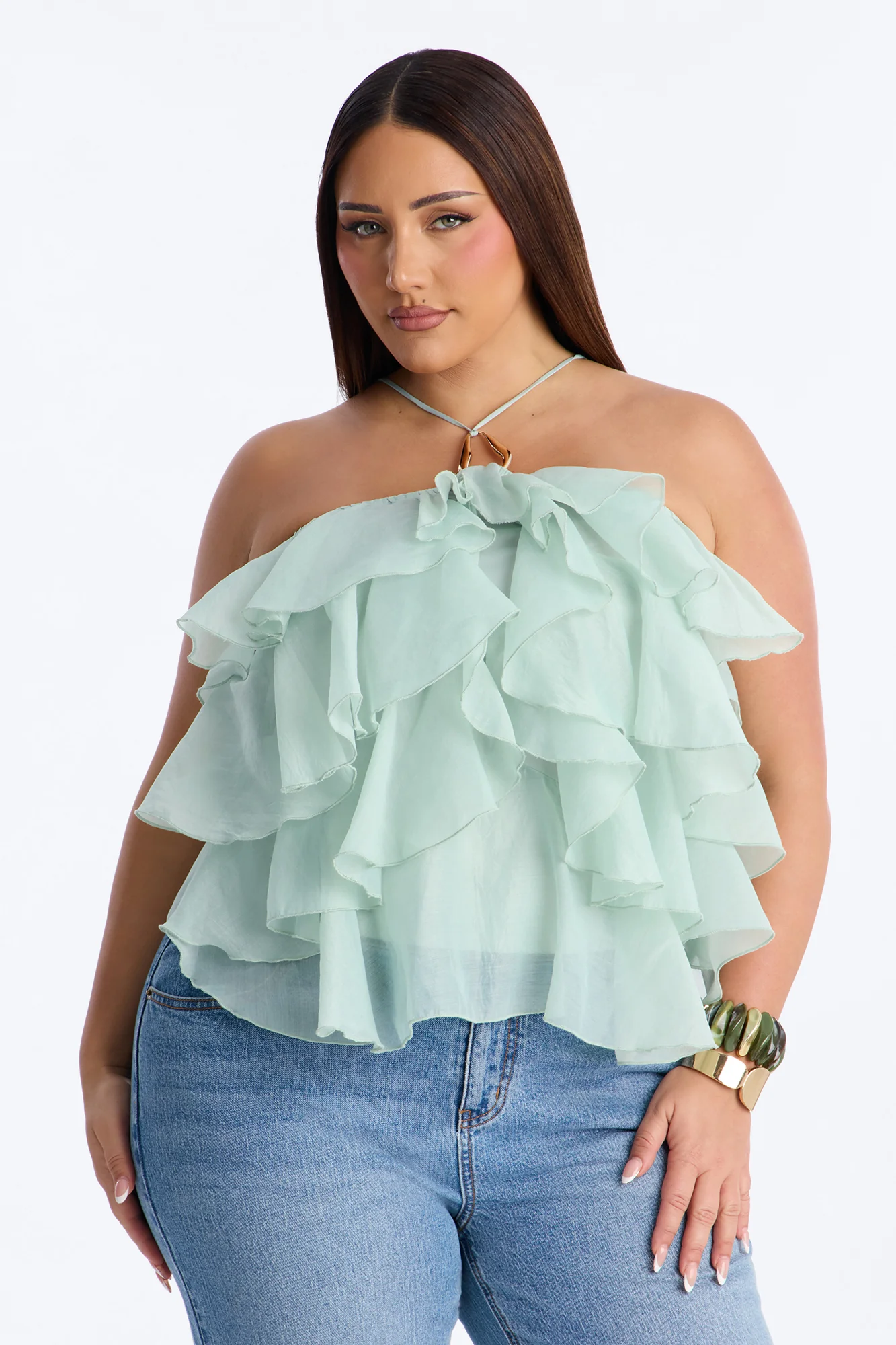 Ruffle Cutie Hardware Organza Halter Top - Sage - Image 5