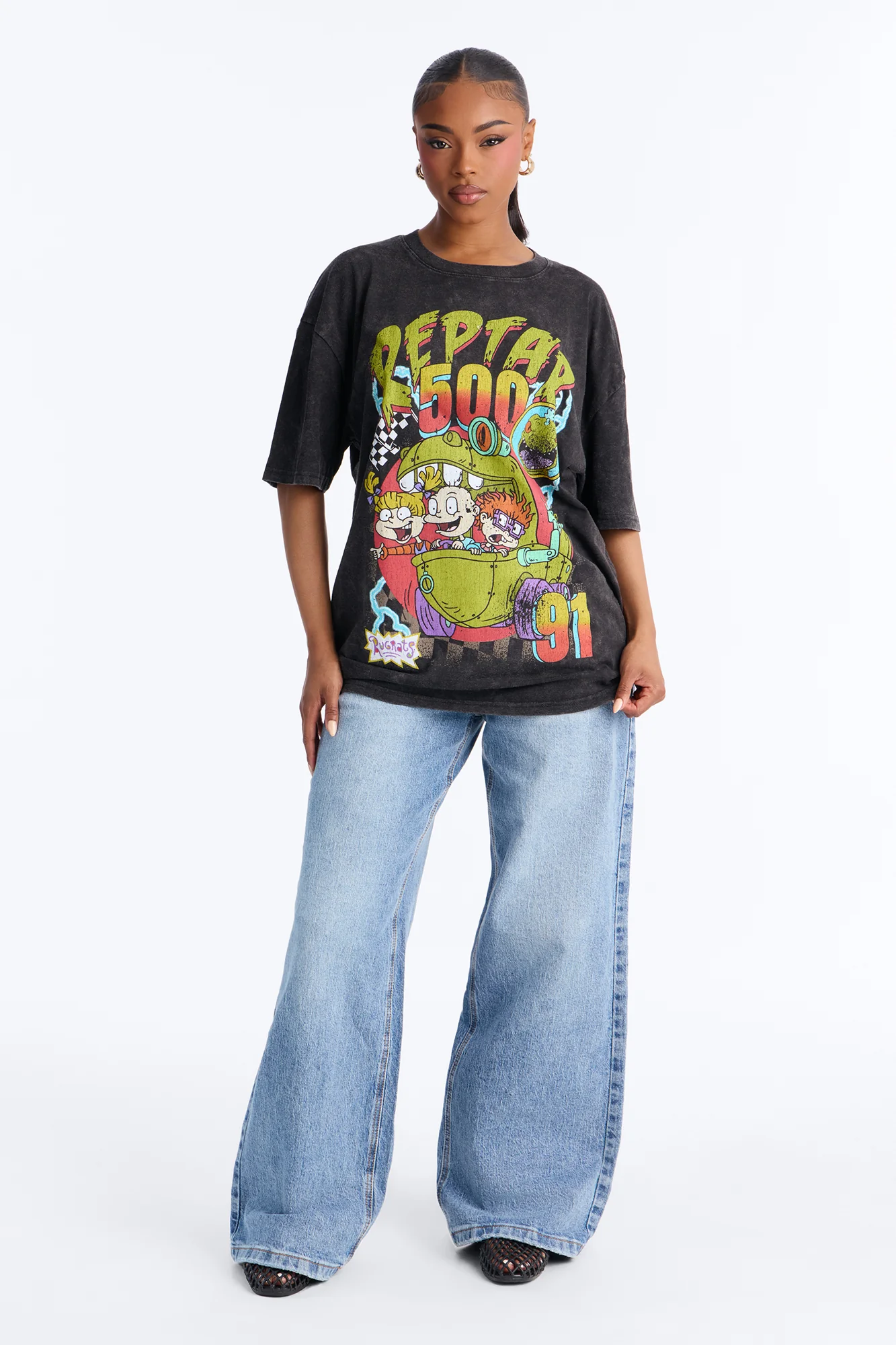 Rugrats Reptar 500 Racing Washed Oversized Tee - Black Wash - Image 2