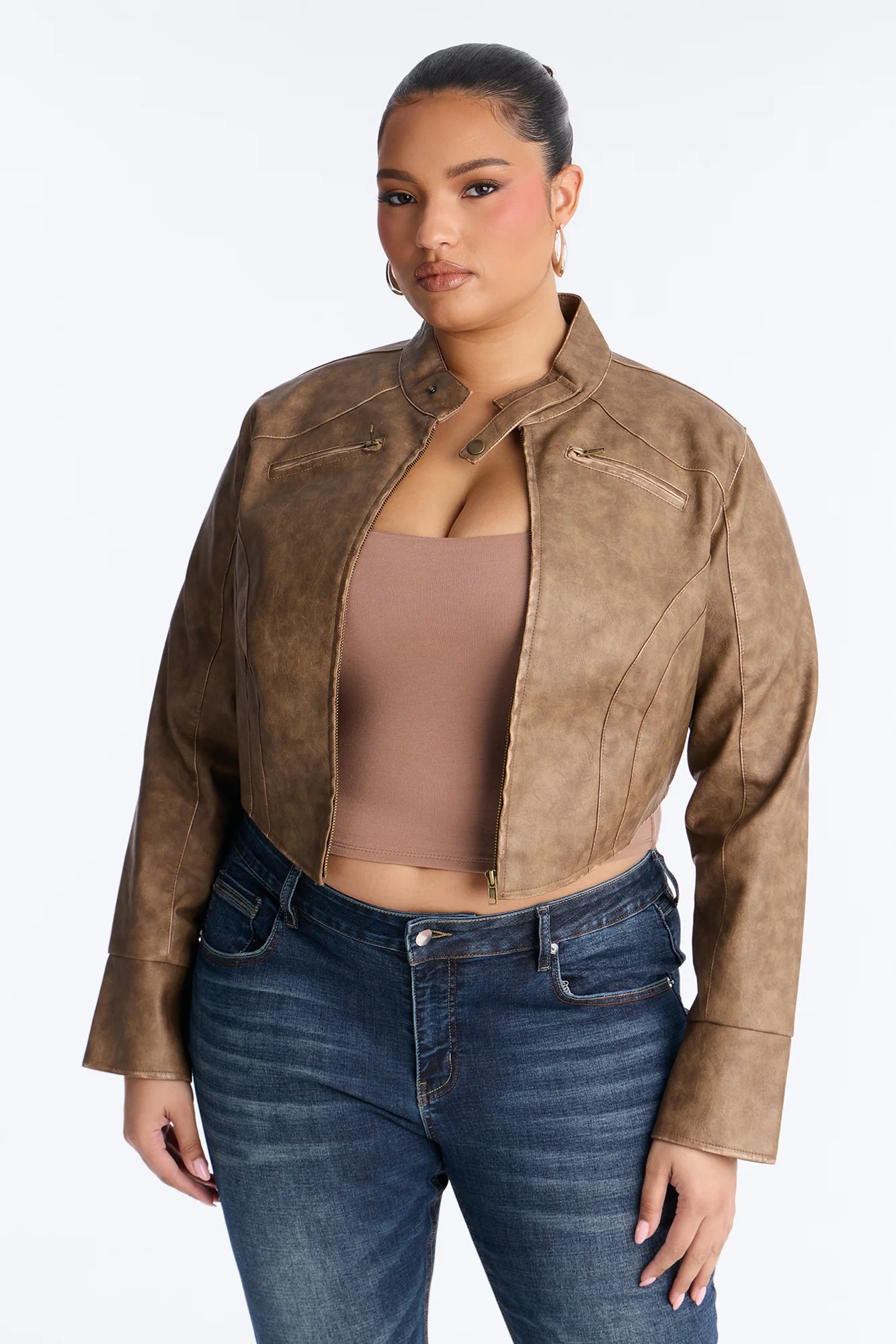 Run The Streets Fitted Washed Faux Leather Moto Jacket - Brown - Image 5