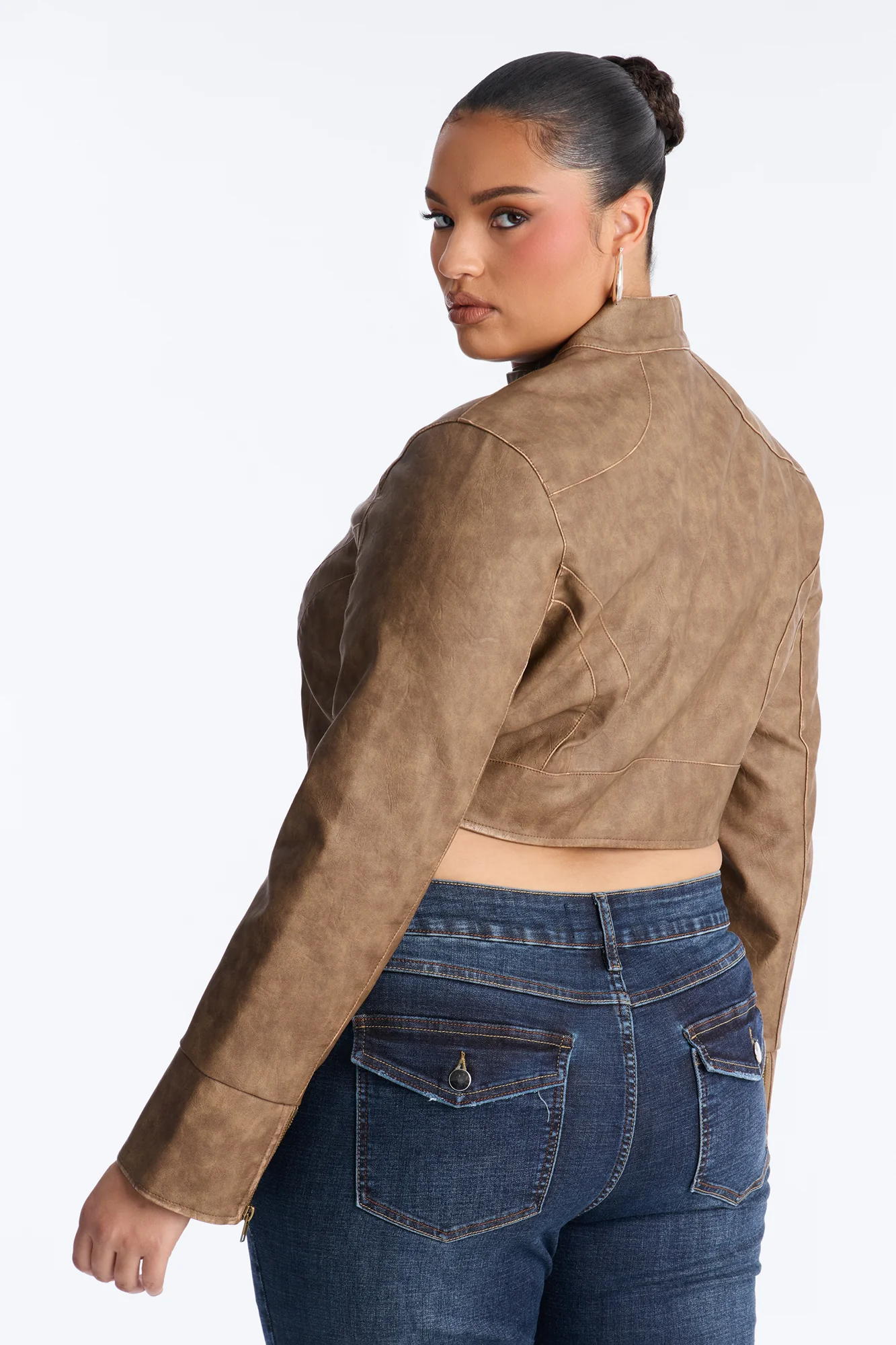Run The Streets Fitted Washed Faux Leather Moto Jacket - Brown - Image 8