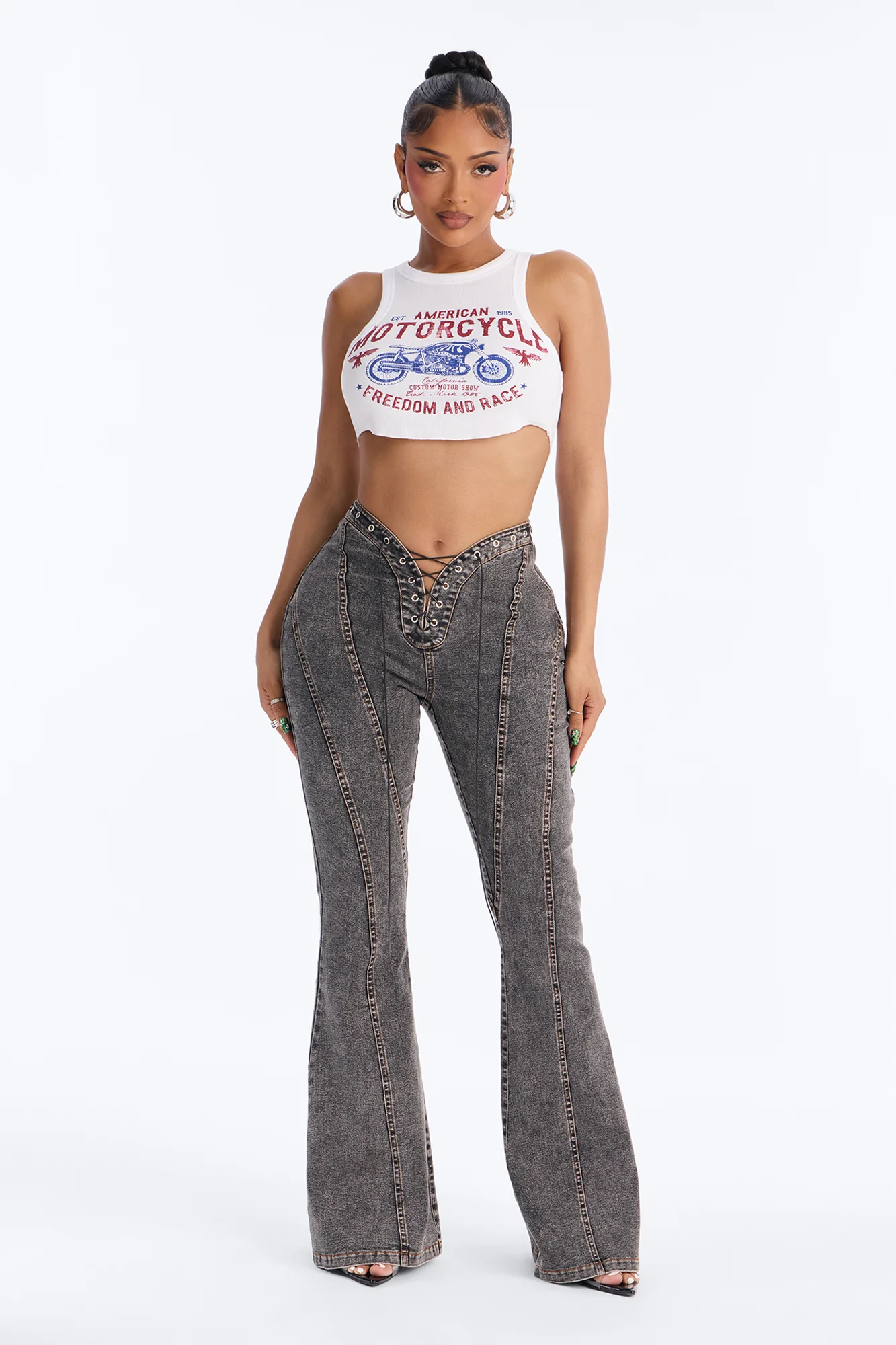 Run this Town Lace Up Washed Flared Pant - Black