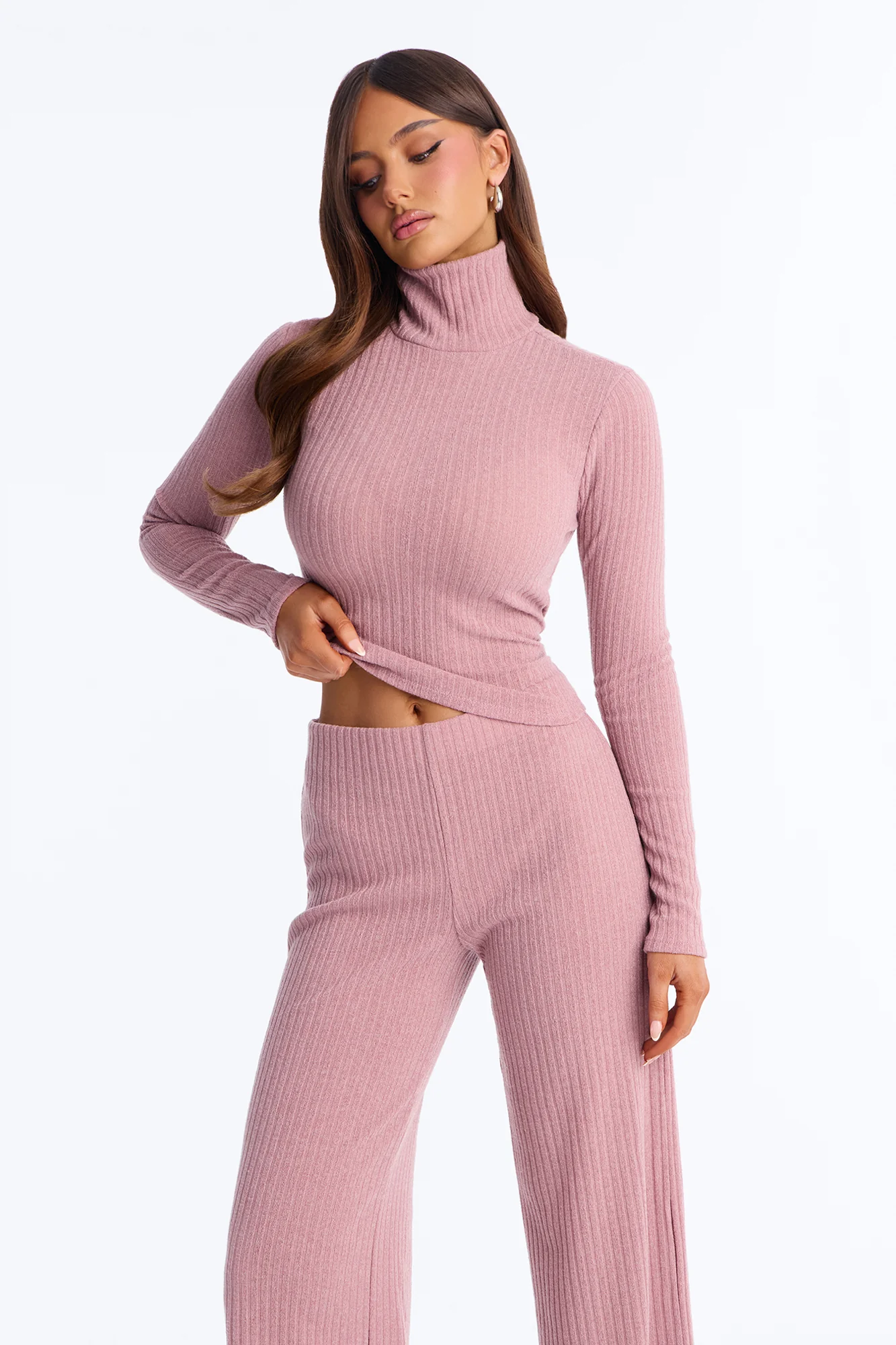 Ruth High Neck Ribbed Pant Set - Mauve - Image 2