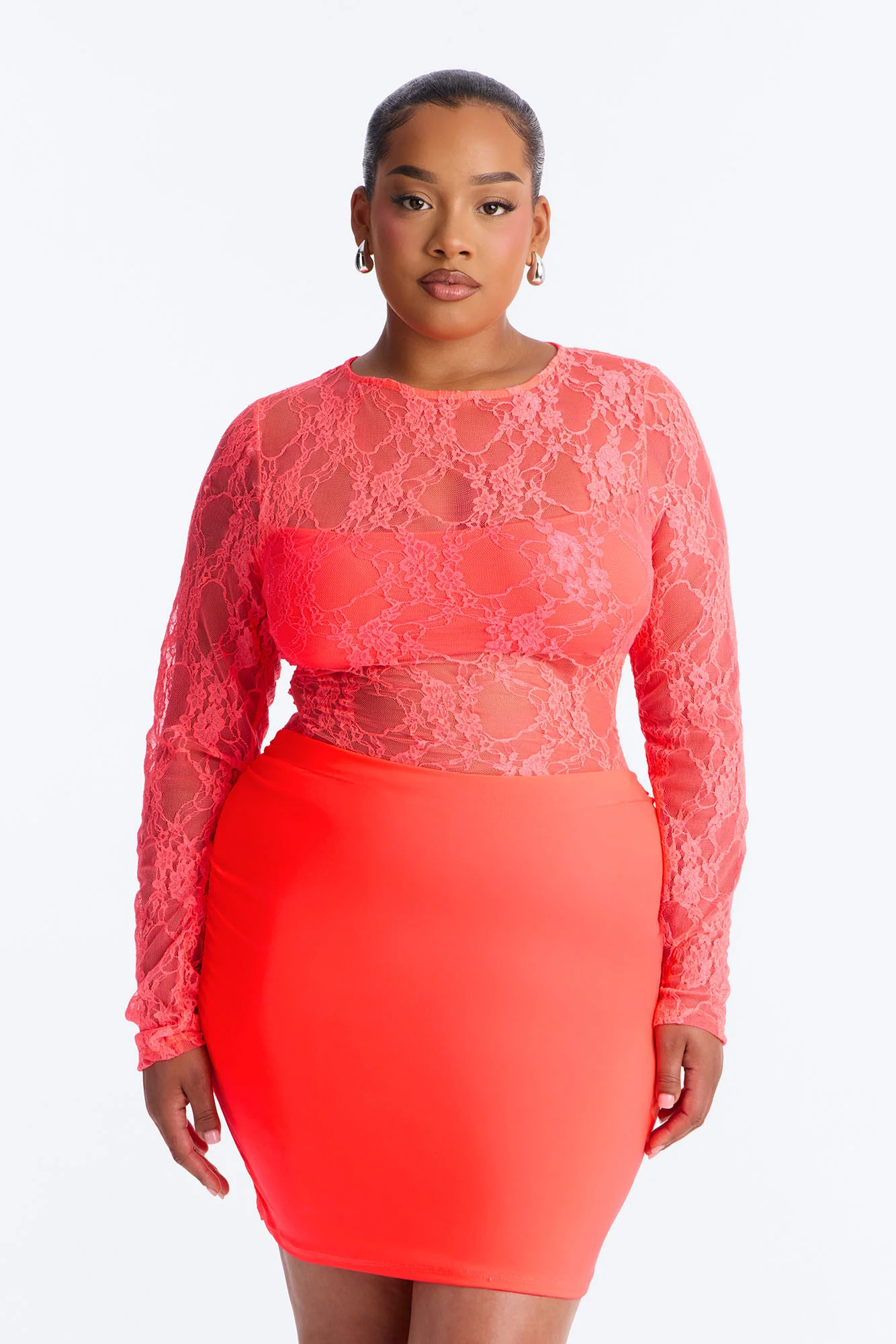 Sabina Sheer Lace Micro Mini Dress - Neon Coral - Image 5