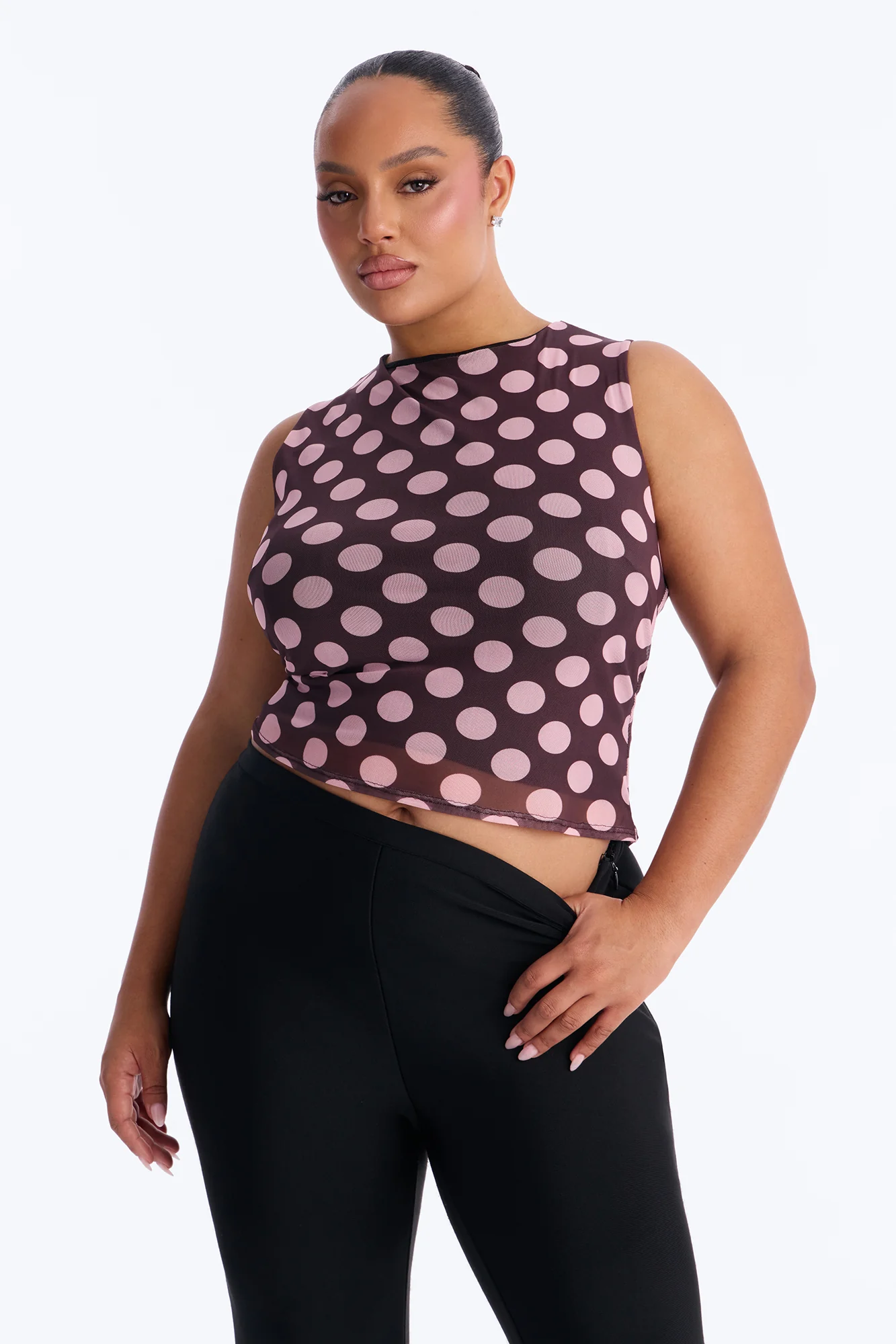 Sabrina Mesh Polka Dot Sleeveless Top - Brown/combo - Image 4