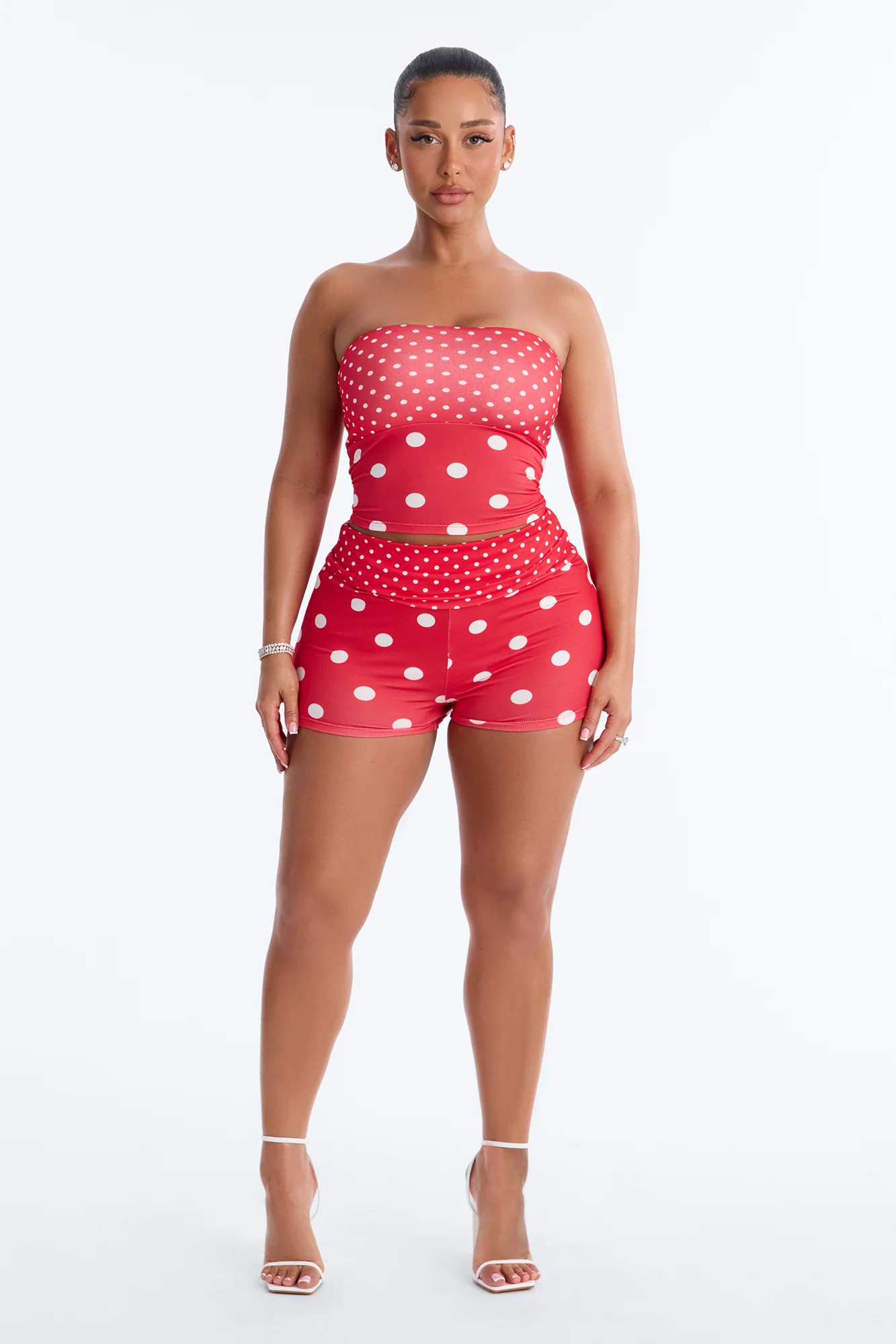 Sabrina Polka Dot Fold Over Waist Micro Short Set - Red - Image 2