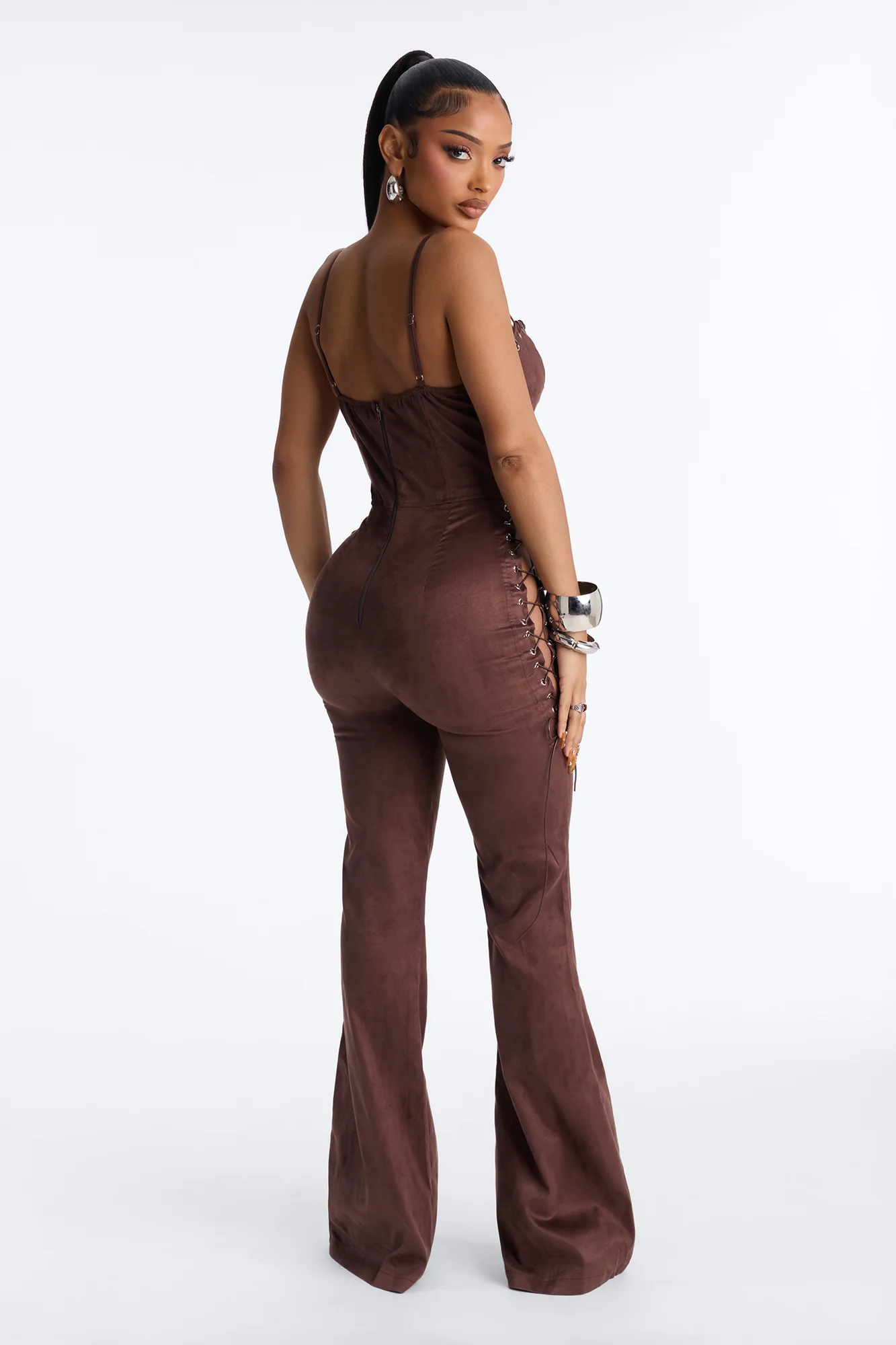 Saddle Up Suede Lace Up Flare Leg Jumpsuit - Brown - Image 4