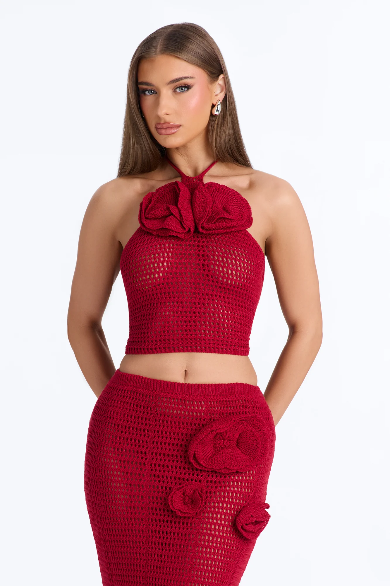Sadie Floral Crochet Maxi Skirt Set - DarkRed - Image 3