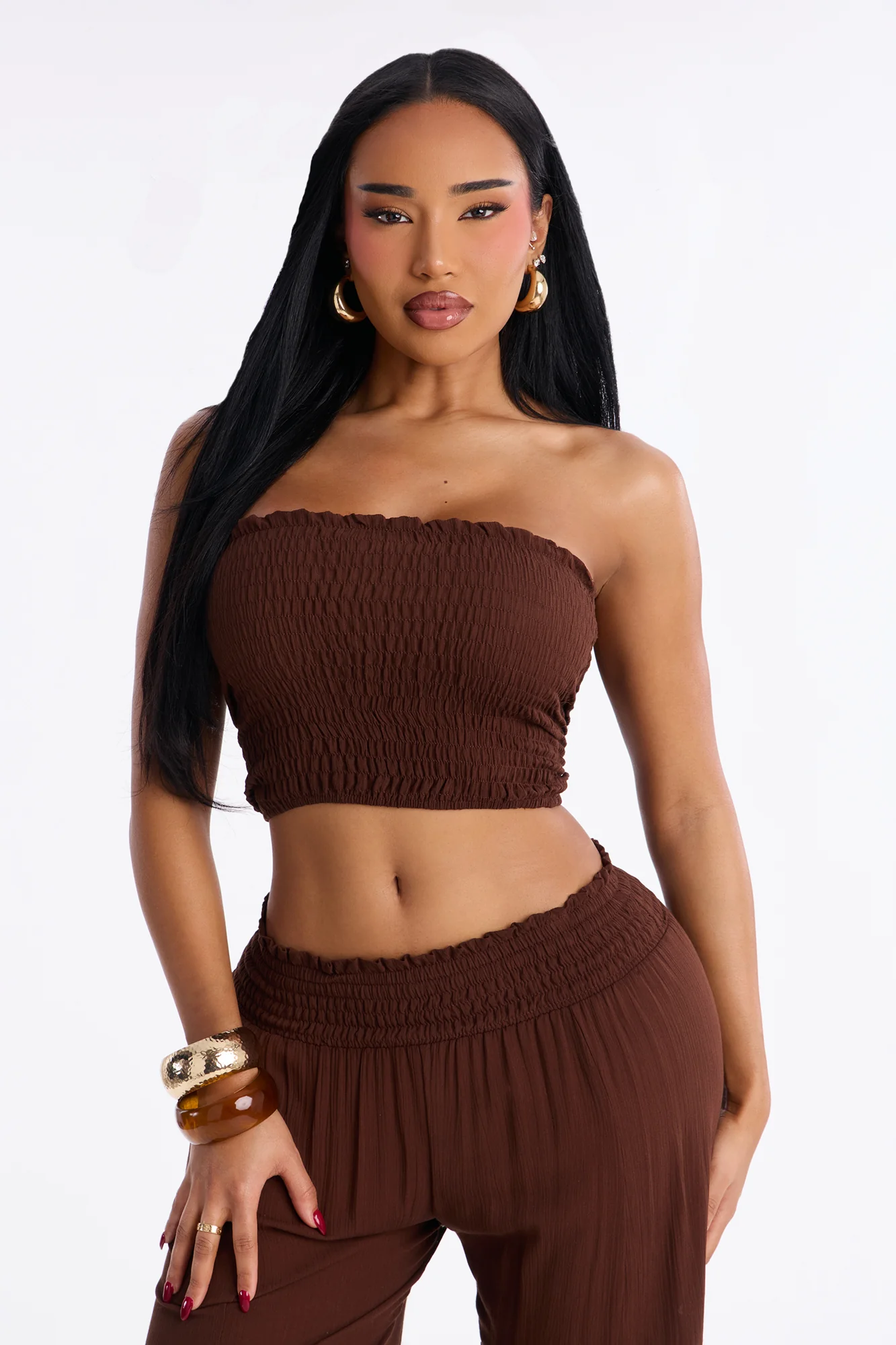 Sadie Smocked Strapless Pant Set - Chocolate - Image 2