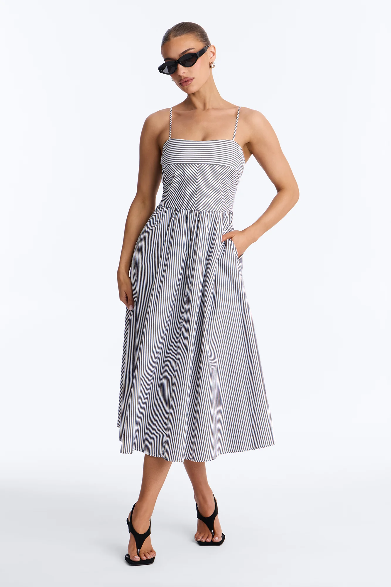 Sadie Striped Poplin Midi Dress - Black/White