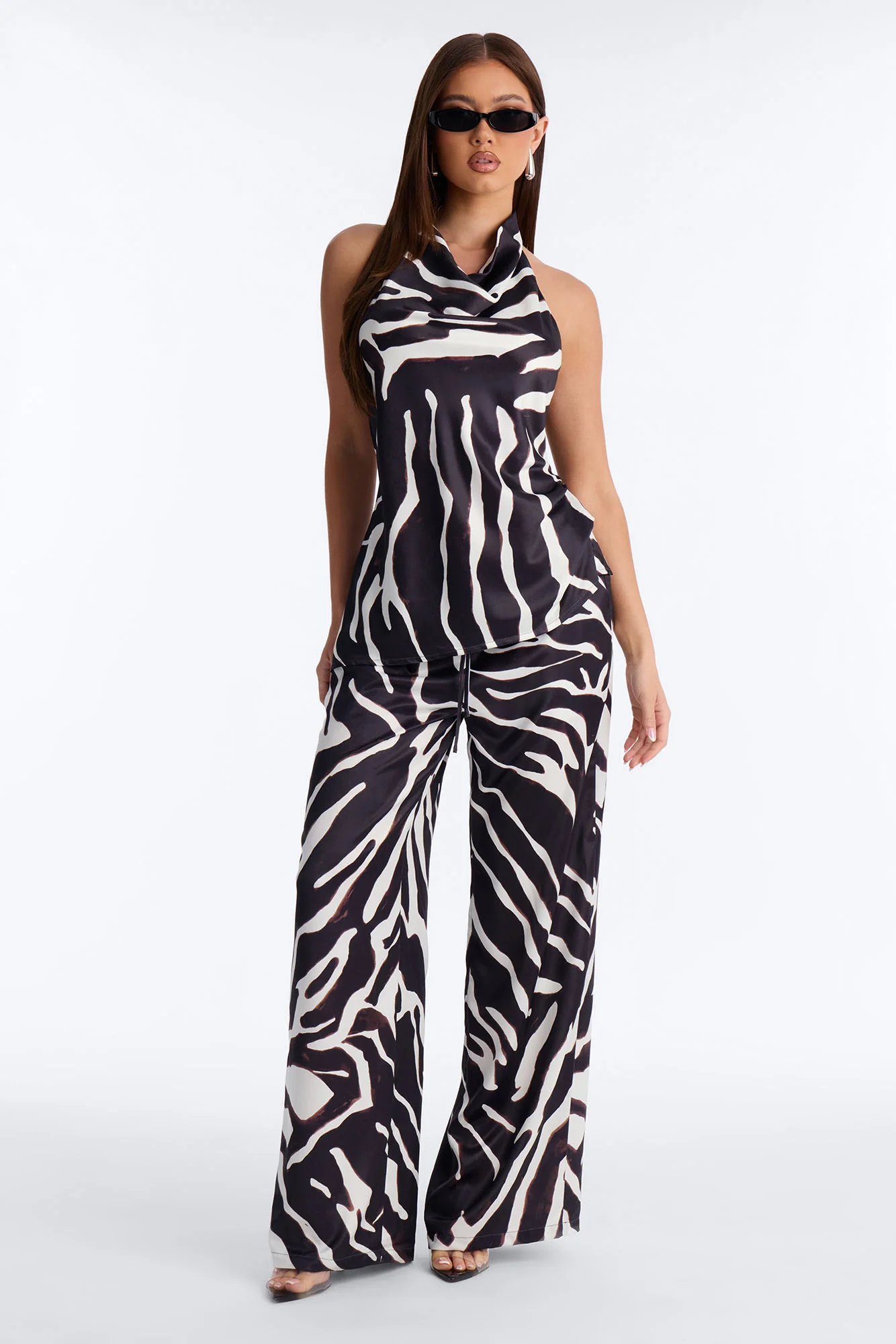 Safari Sunsets Satin Zebra Halter Top - Brown Combo