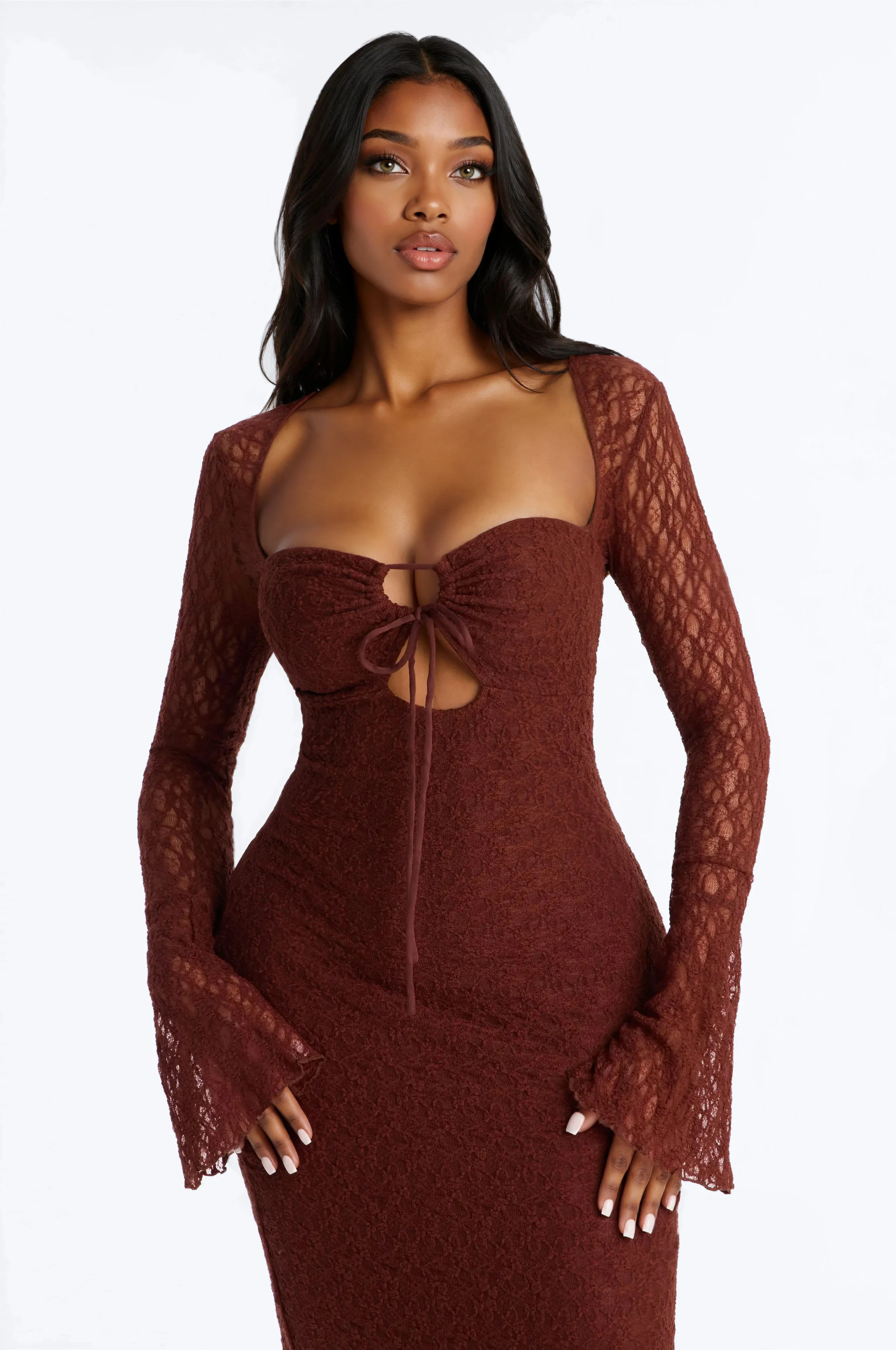 Saffron Lace Midi Dress - Chocolate - Image 2