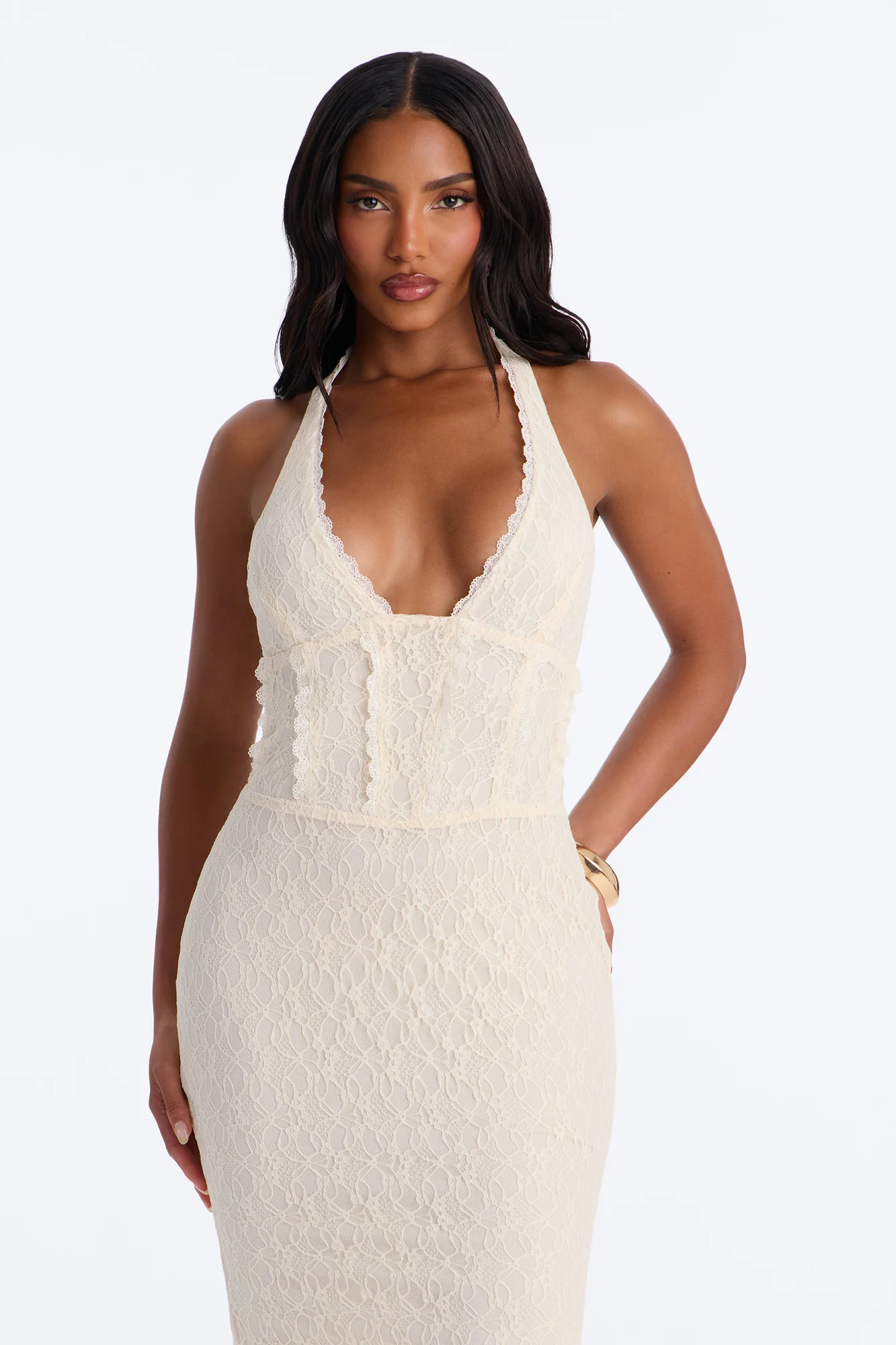 Sahana Pleated Lace Midi Dress - Cream - Image 2