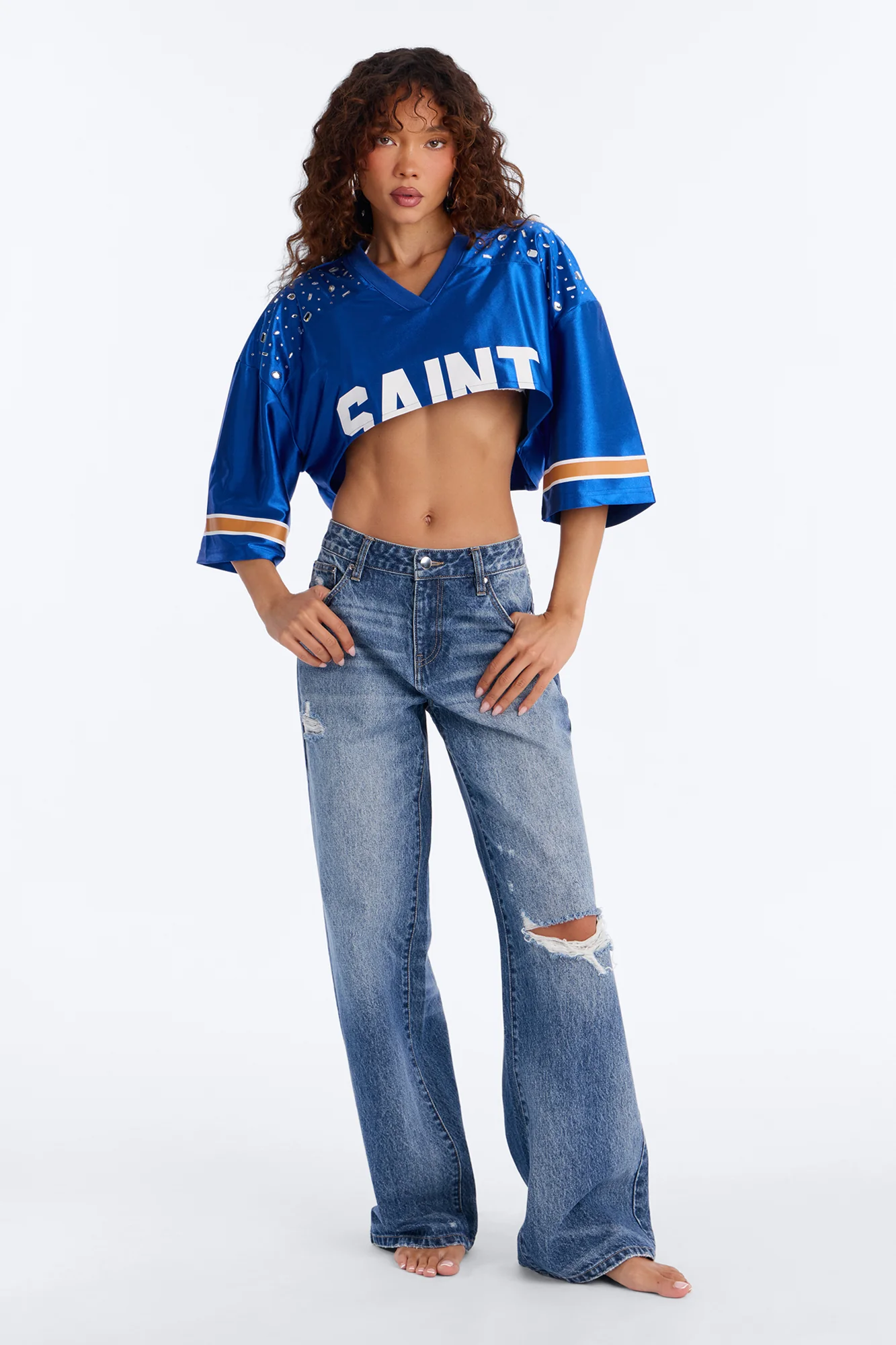 Saint Embellished Cropped Jersey - Royal - Image 2