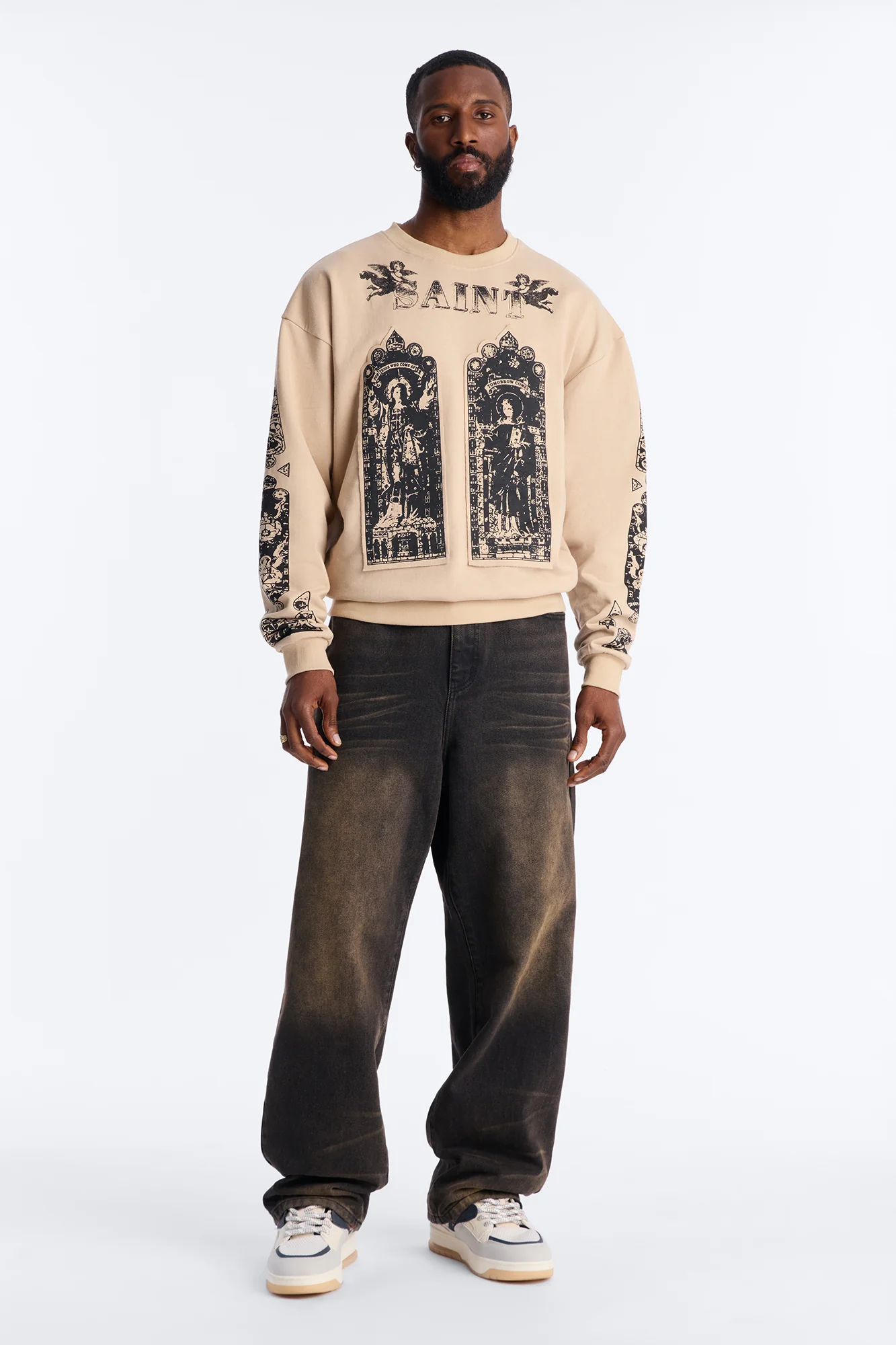 Saint Message Patched Crewneck Sweatshirt - Taupe - Image 2