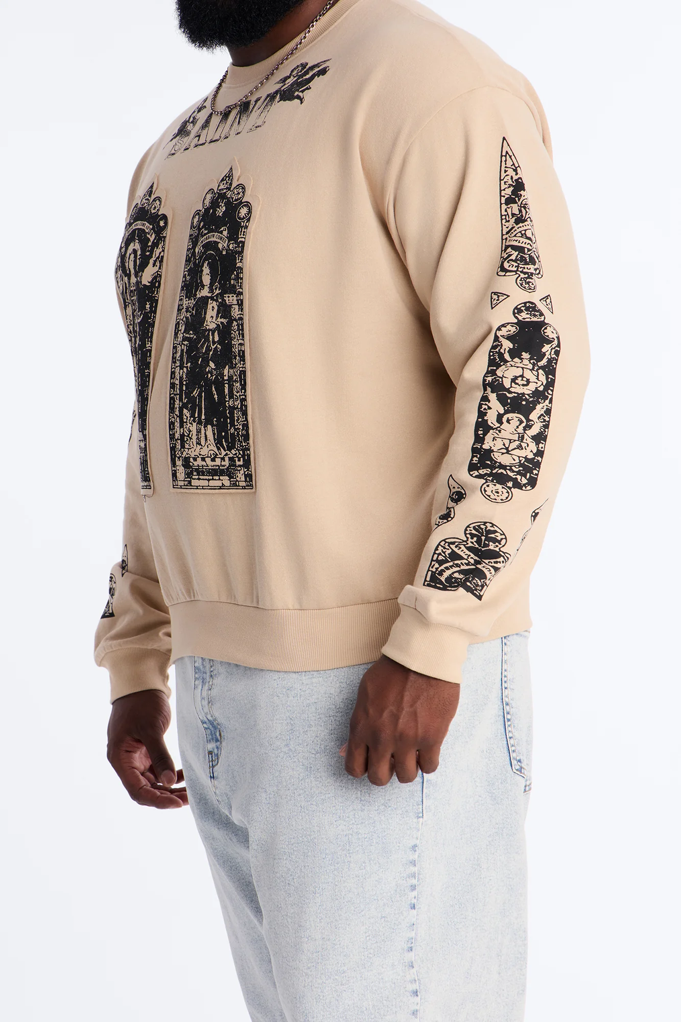 Saint Message Patched Crewneck Sweatshirt - Taupe - Image 7