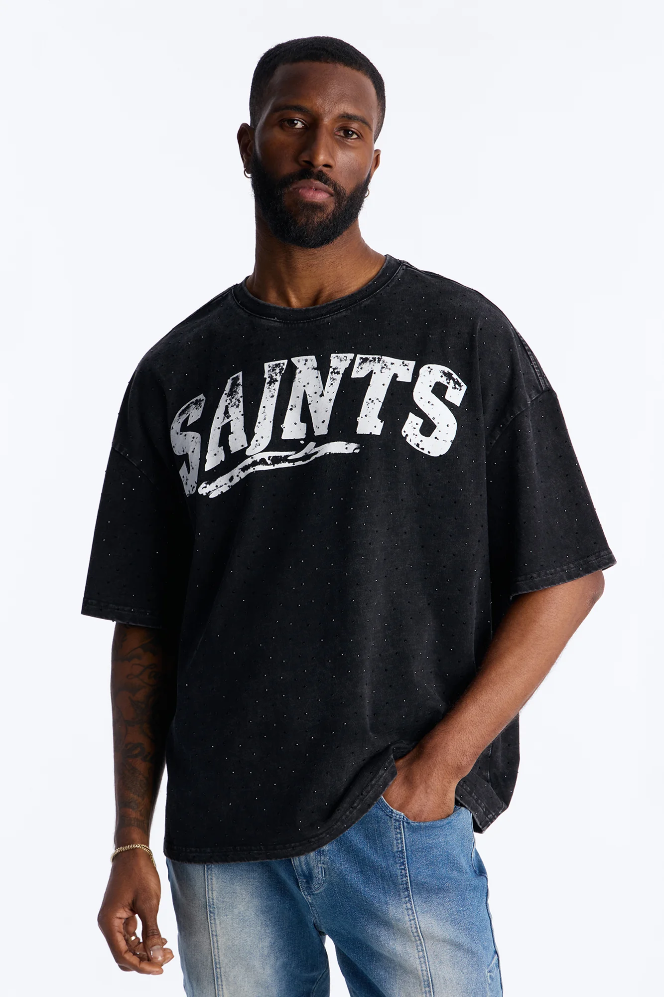 Saints Rhinestone Premium Short Sleeve Tee - Black