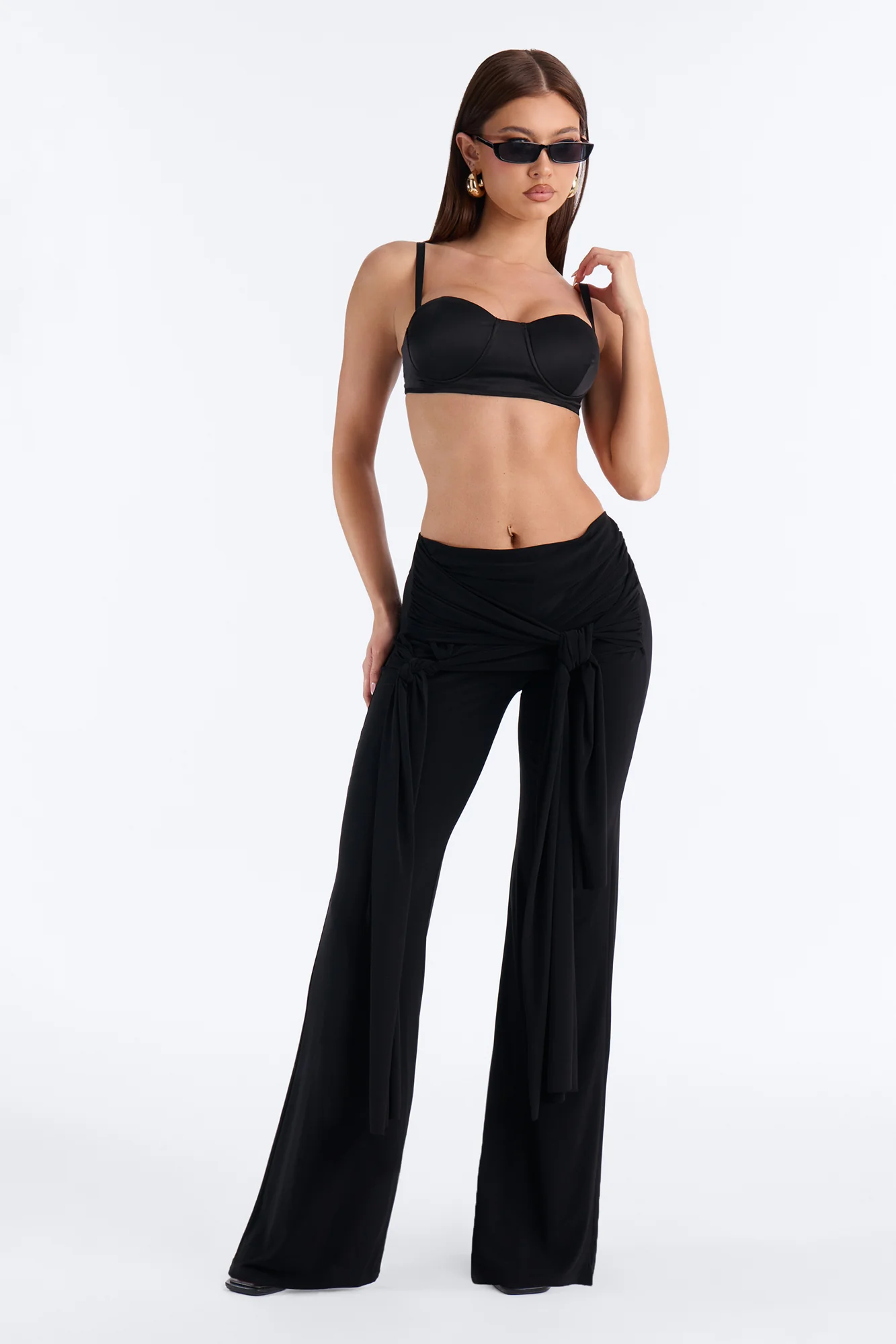 Sakura High Rise Tie Waist Flare Pants - Black