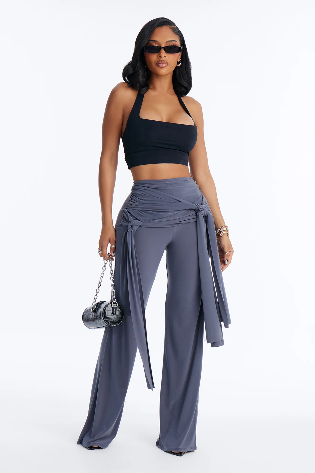 Sakura High Rise Tie Waist Flare Pants - Charcoal