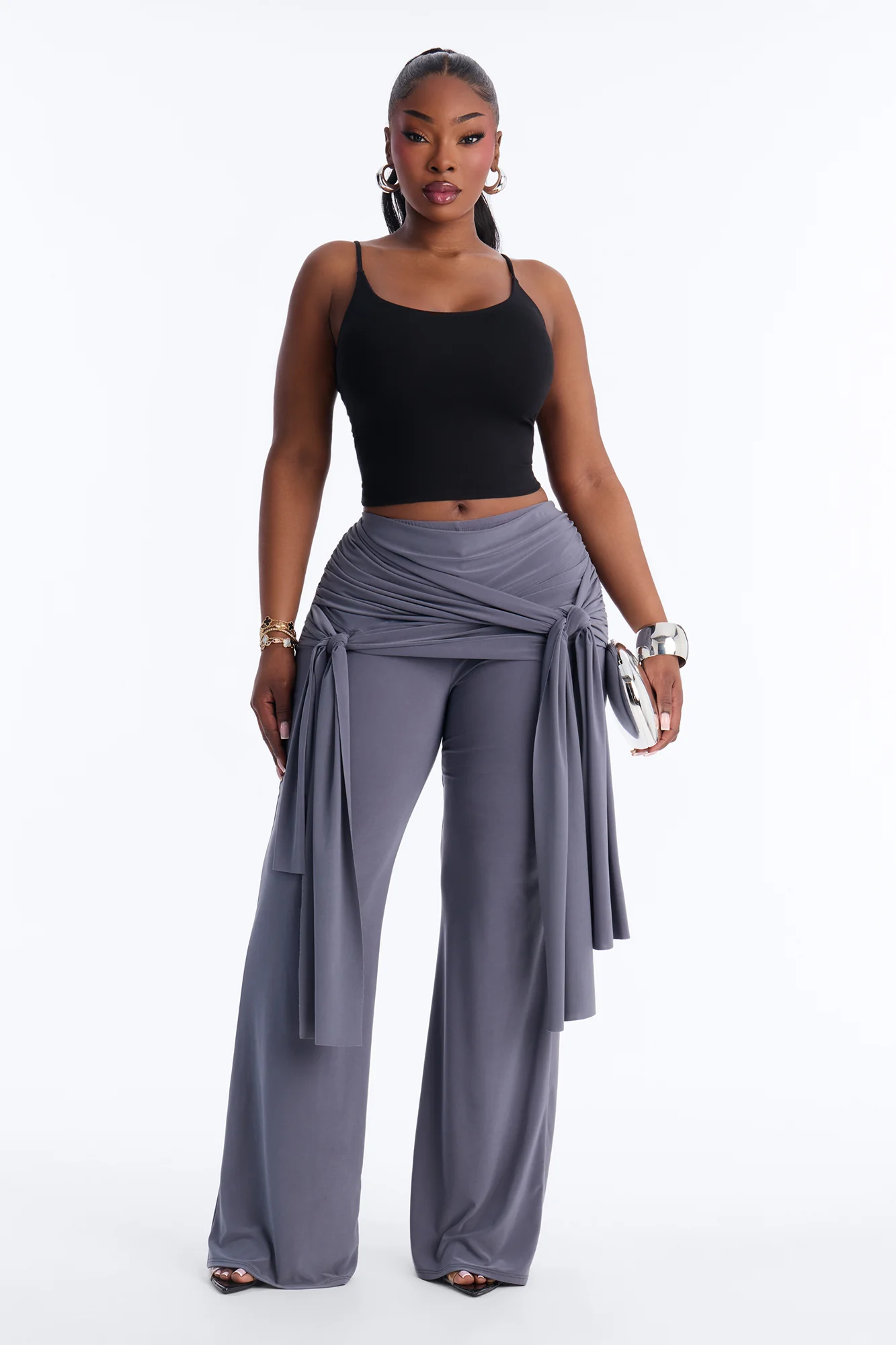 Sakura High Rise Tie Waist Flare Pants - Charcoal - Image 5