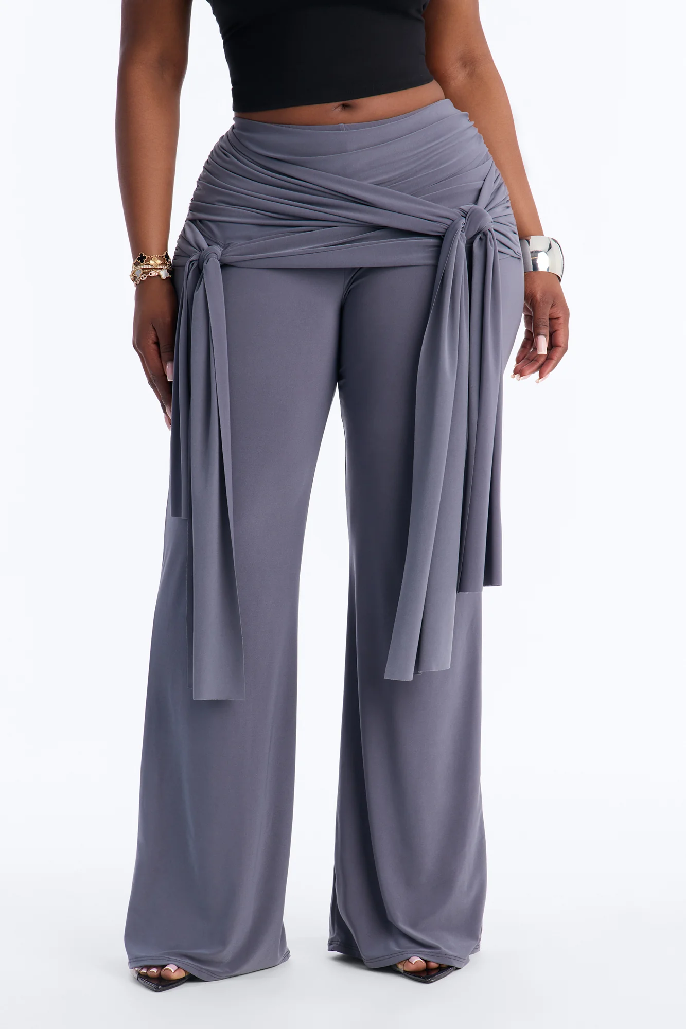 Sakura High Rise Tie Waist Flare Pants - Charcoal - Image 6