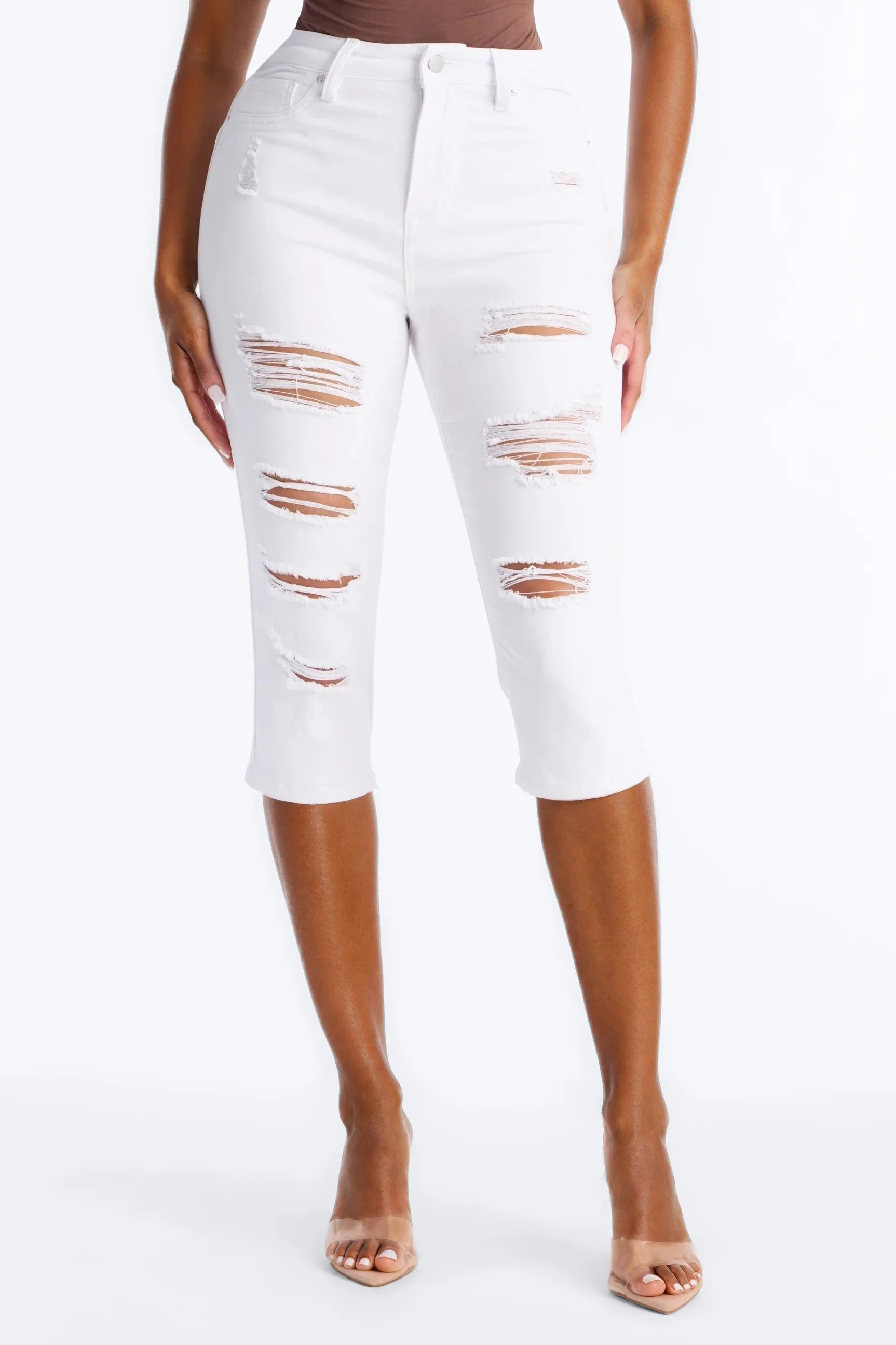 Salem Booty Lifting Ripped High Rise Stretch Capri Jeans - White - Image 2