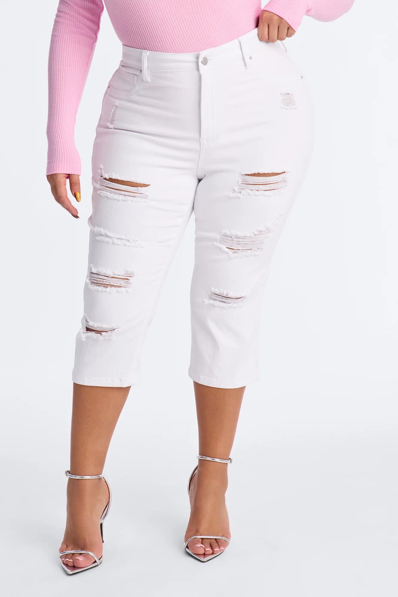Salem Booty Lifting Ripped High Rise Stretch Capri Jeans - White - Image 6