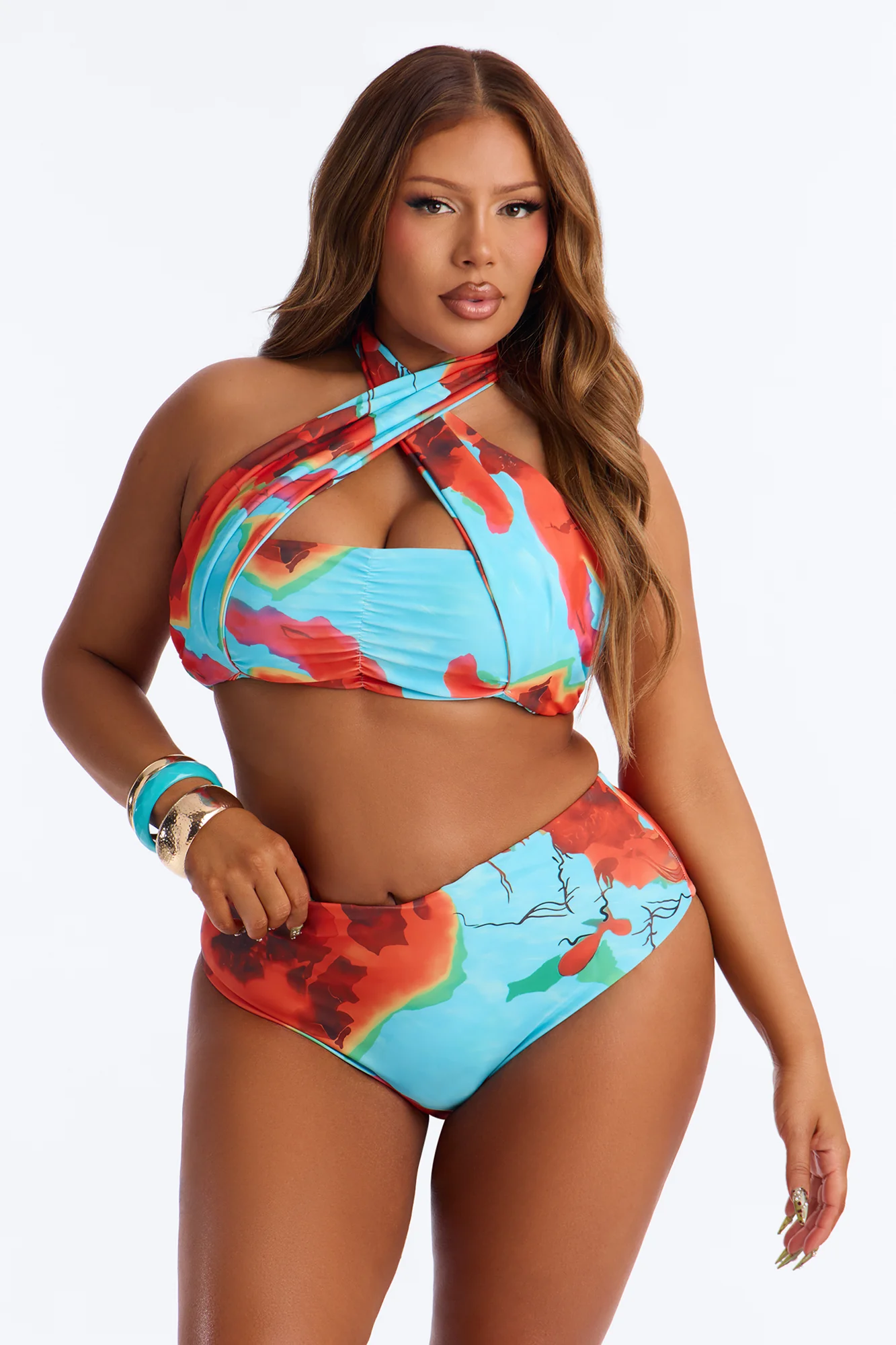 Salt On My Skin Floral 2 Piece Halter Bikini Top & High Waisted Bottom Set - Multi Color - Image 4