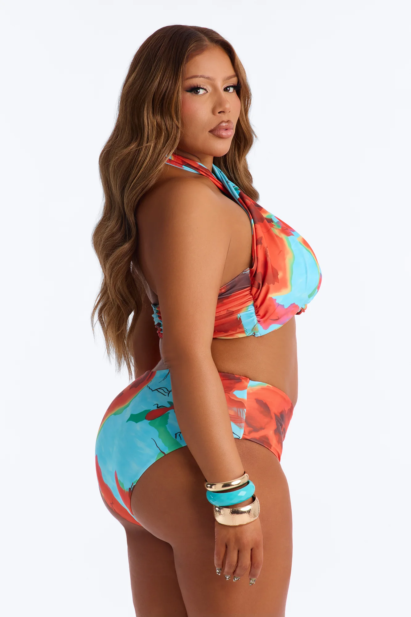 Salt On My Skin Floral 2 Piece Halter Bikini Top & High Waisted Bottom Set - Multi Color - Image 6