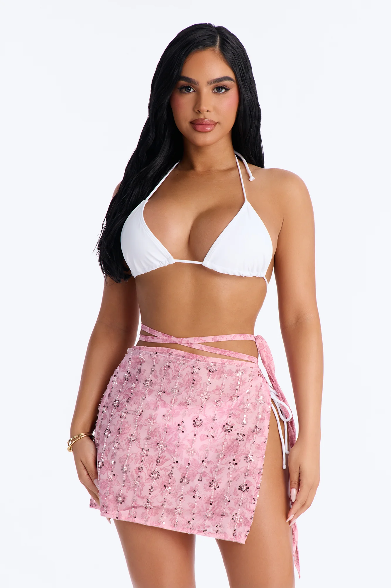 Salt Water Embellished Floral Sequin Trim Strappy Waist Tie Swim Cover Up Skirt - Pink - Image 2