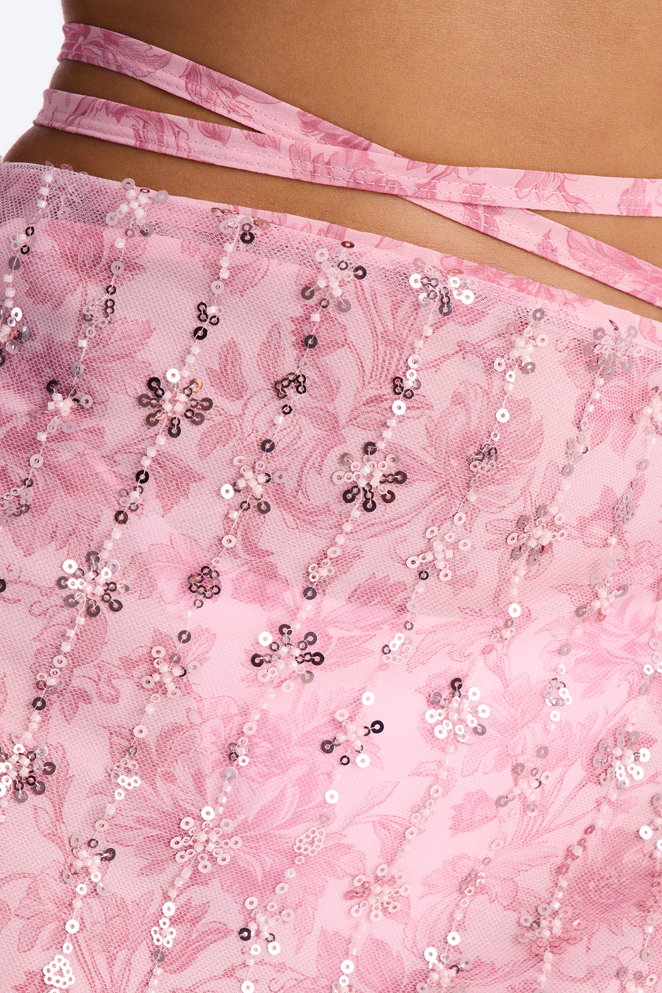 Salt Water Embellished Floral Sequin Trim Strappy Waist Tie Swim Cover Up Skirt - Pink - Image 3