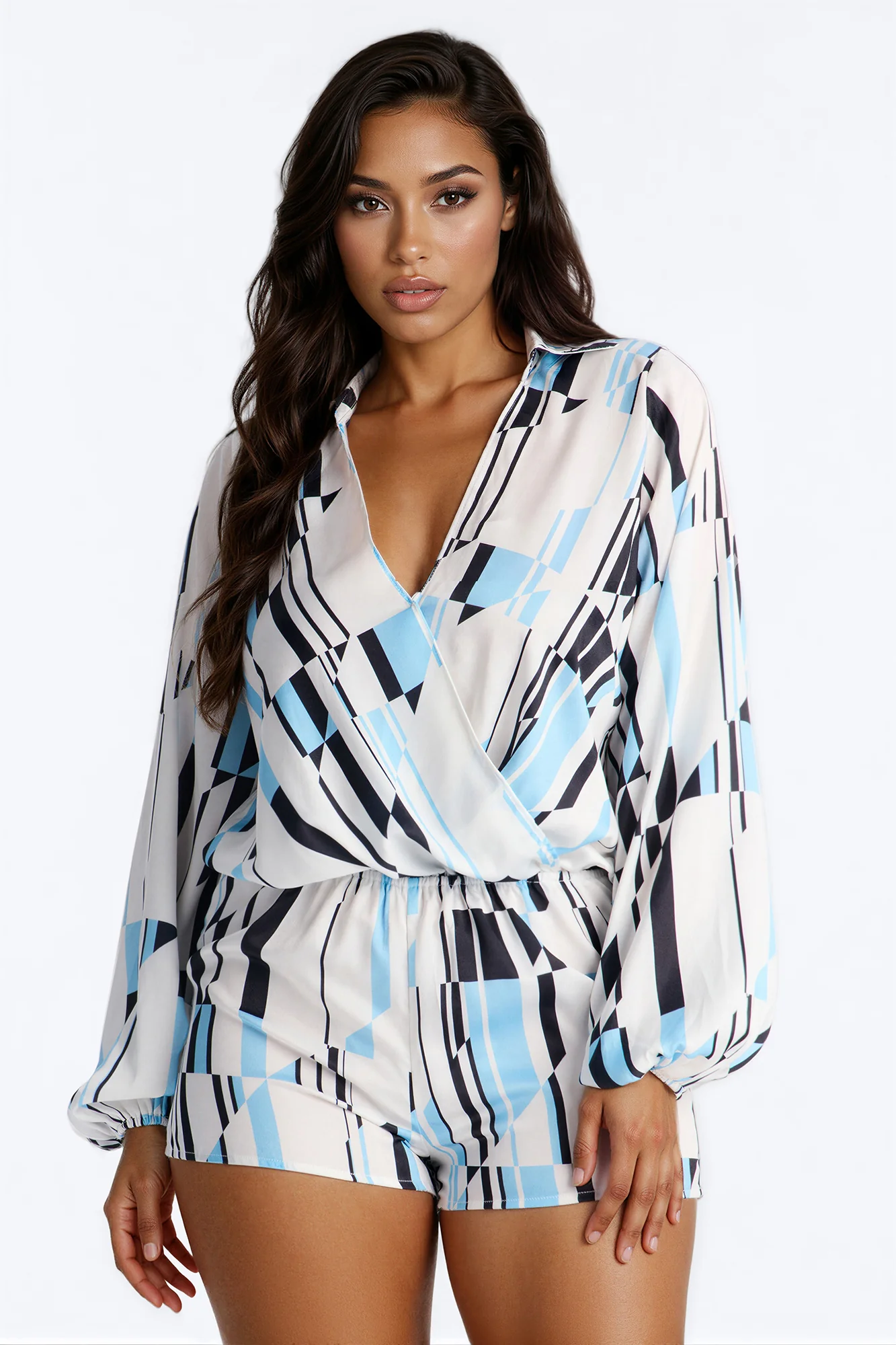 Samalia Satin Collar Neck Romper - Blue