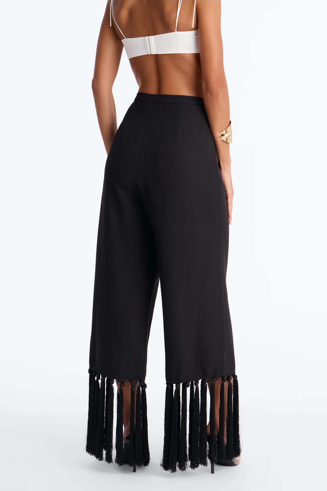 Samantha High Rise Wide Leg Tassel Fringe Trouser - Black - Image 4