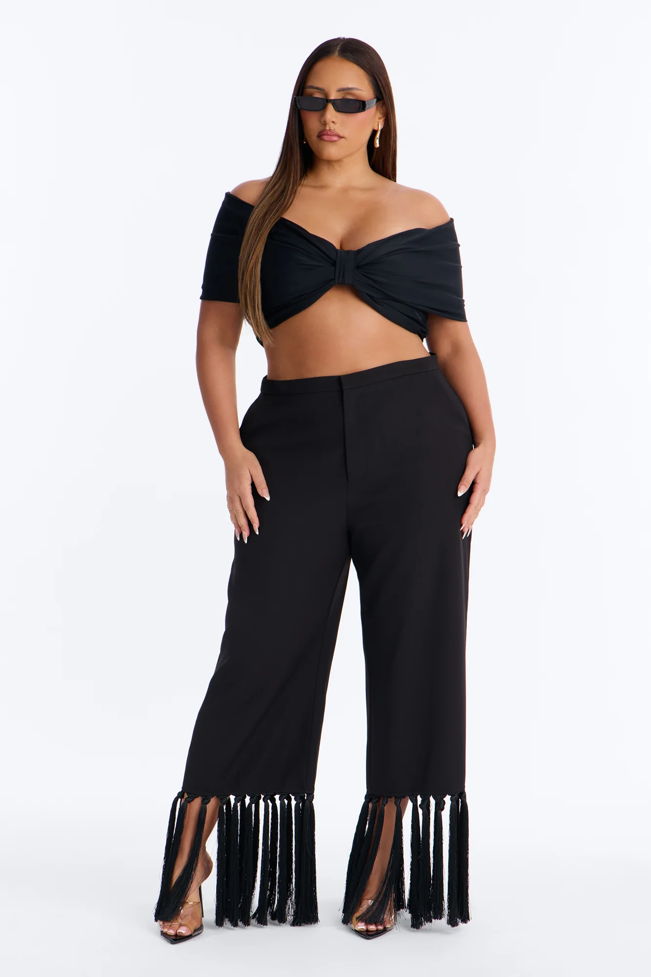 Samantha High Rise Wide Leg Tassel Fringe Trouser - Black - Image 5